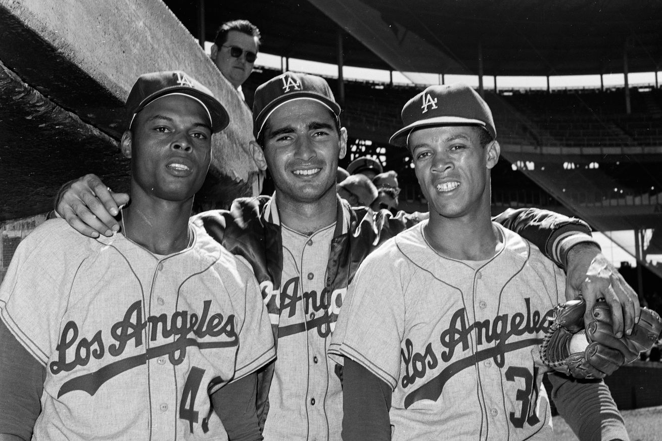 From left to right, Dodgers Charlie Neal, 1963 National League MVP Sandy Koufax, and 1962 NL MVP Maury Wills.