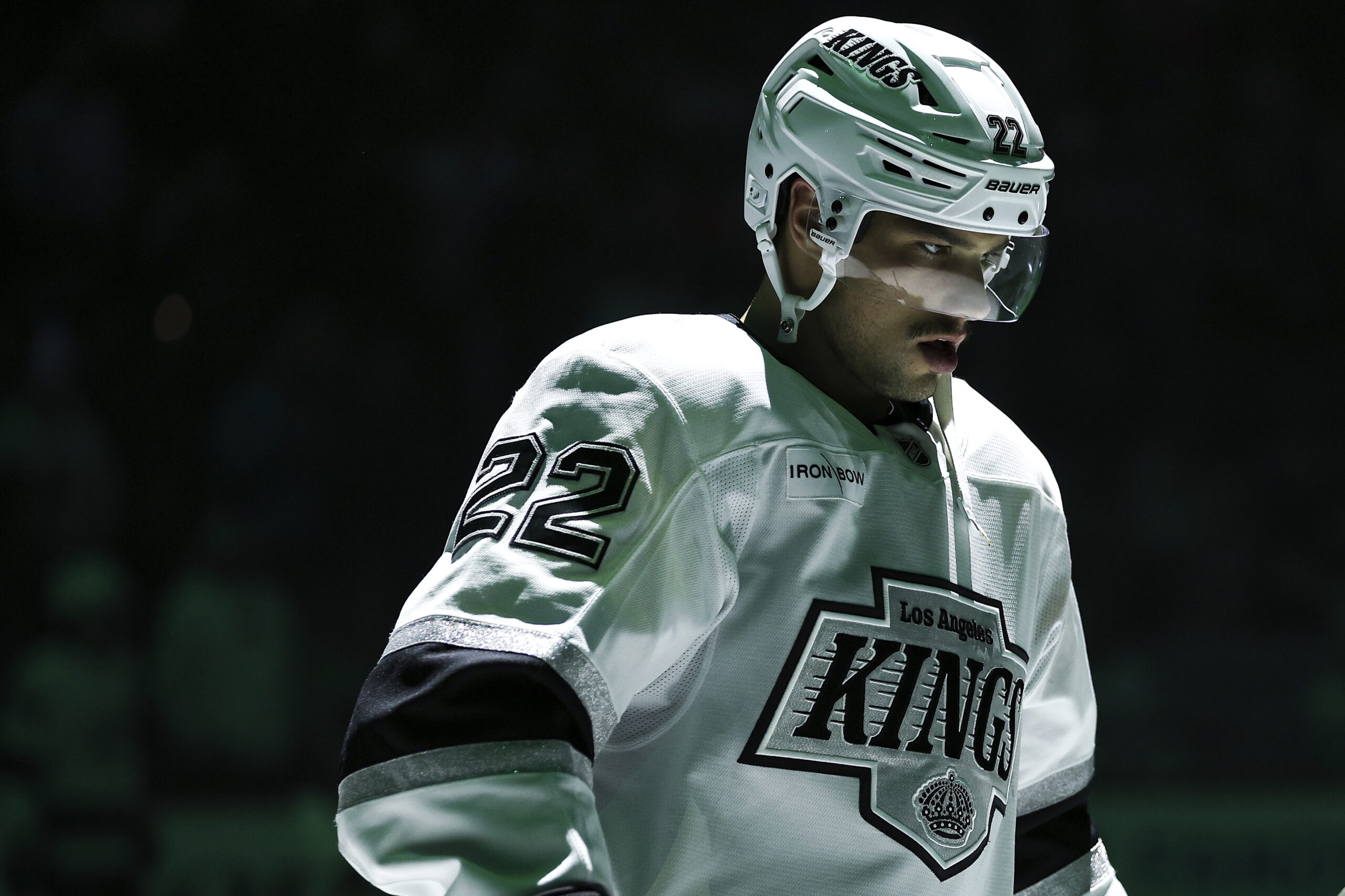 Kings left wing Kevin Fiala (22) looks on before their...