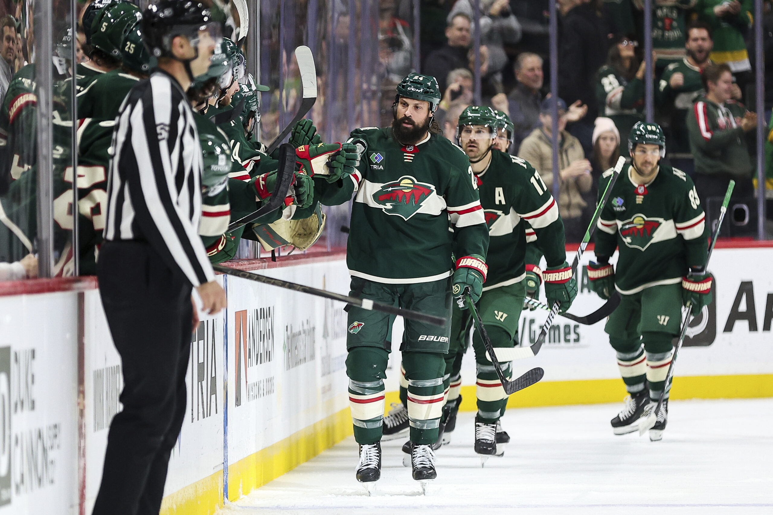 Minnesota Wild defenseman Zach Bogosian (24) celebrates his goal during...