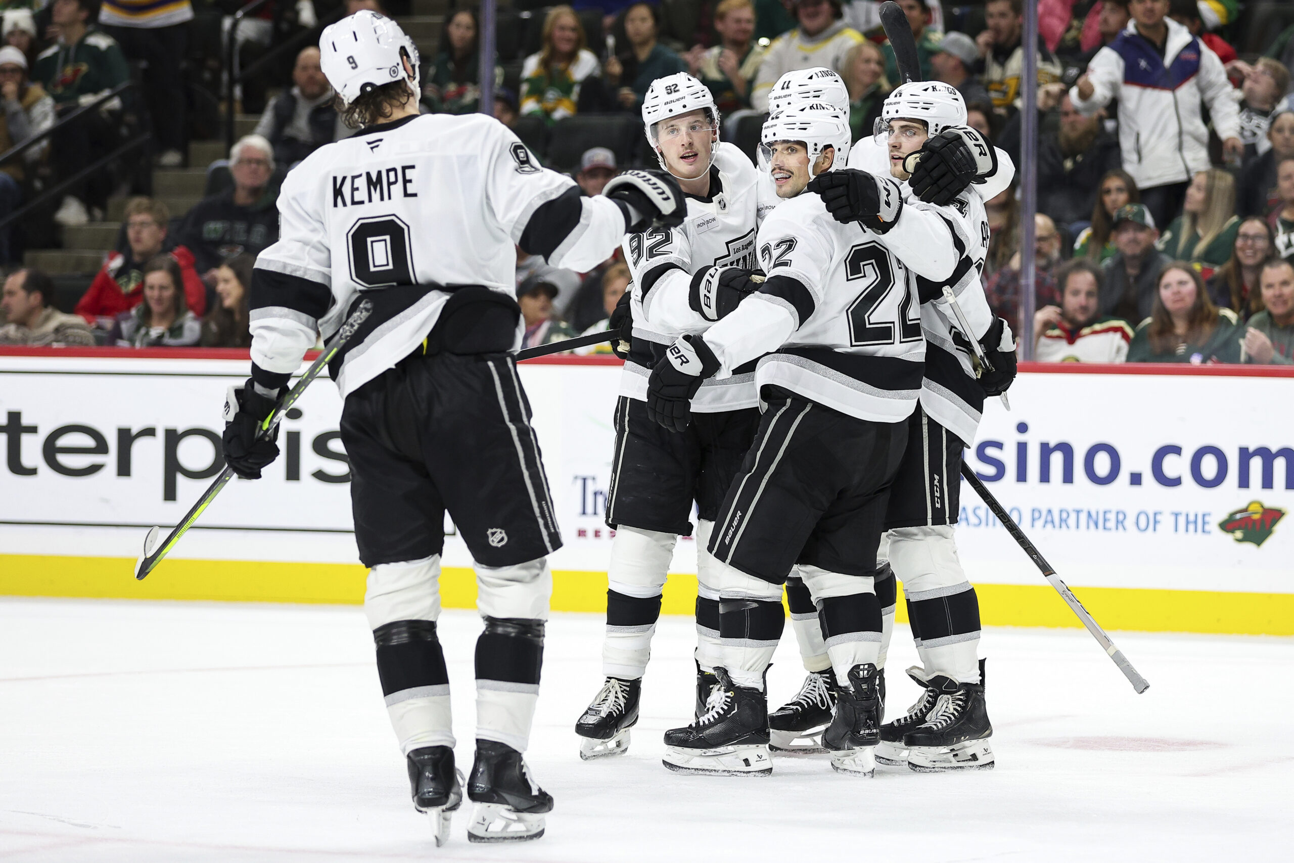 Kings left wing Kevin Fiala (22) celebrates his goal with...