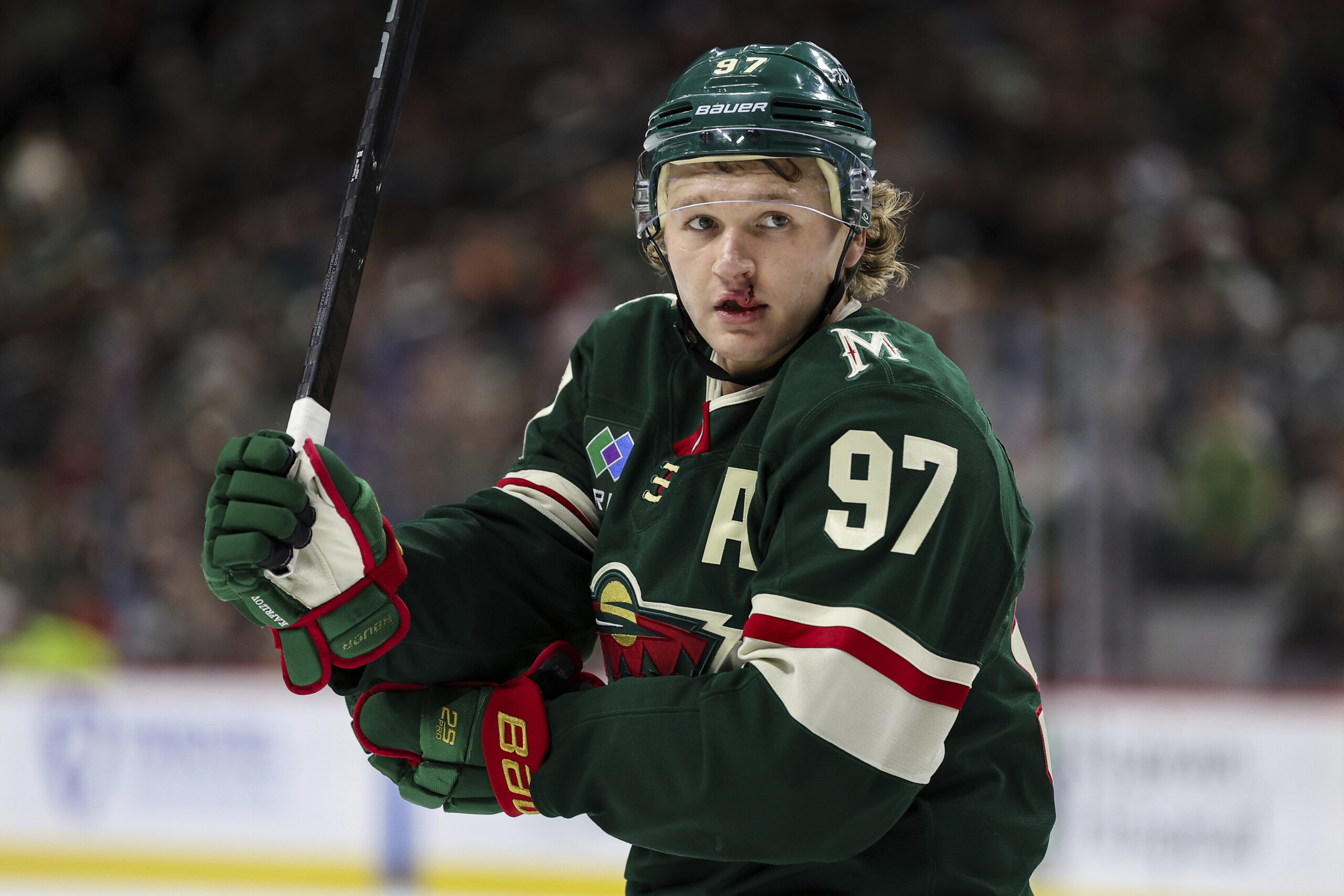 Minnesota Wild left wing Kirill Kaprizov looks on during the...