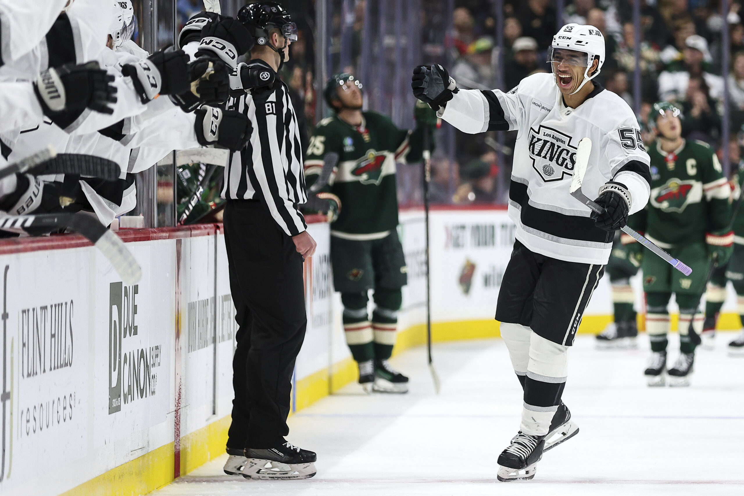 Kings right wing Quinton Byfield celebrates his goal during the...