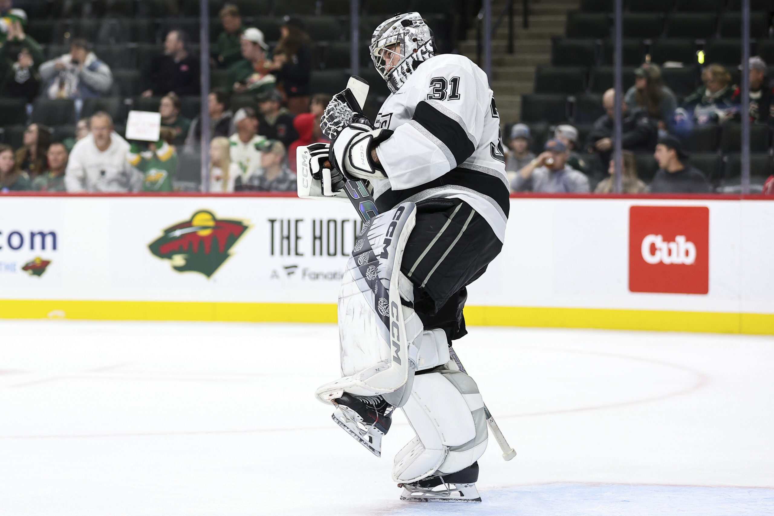 Kings goaltender David Rittich celebrates after their 5-1 victory over...