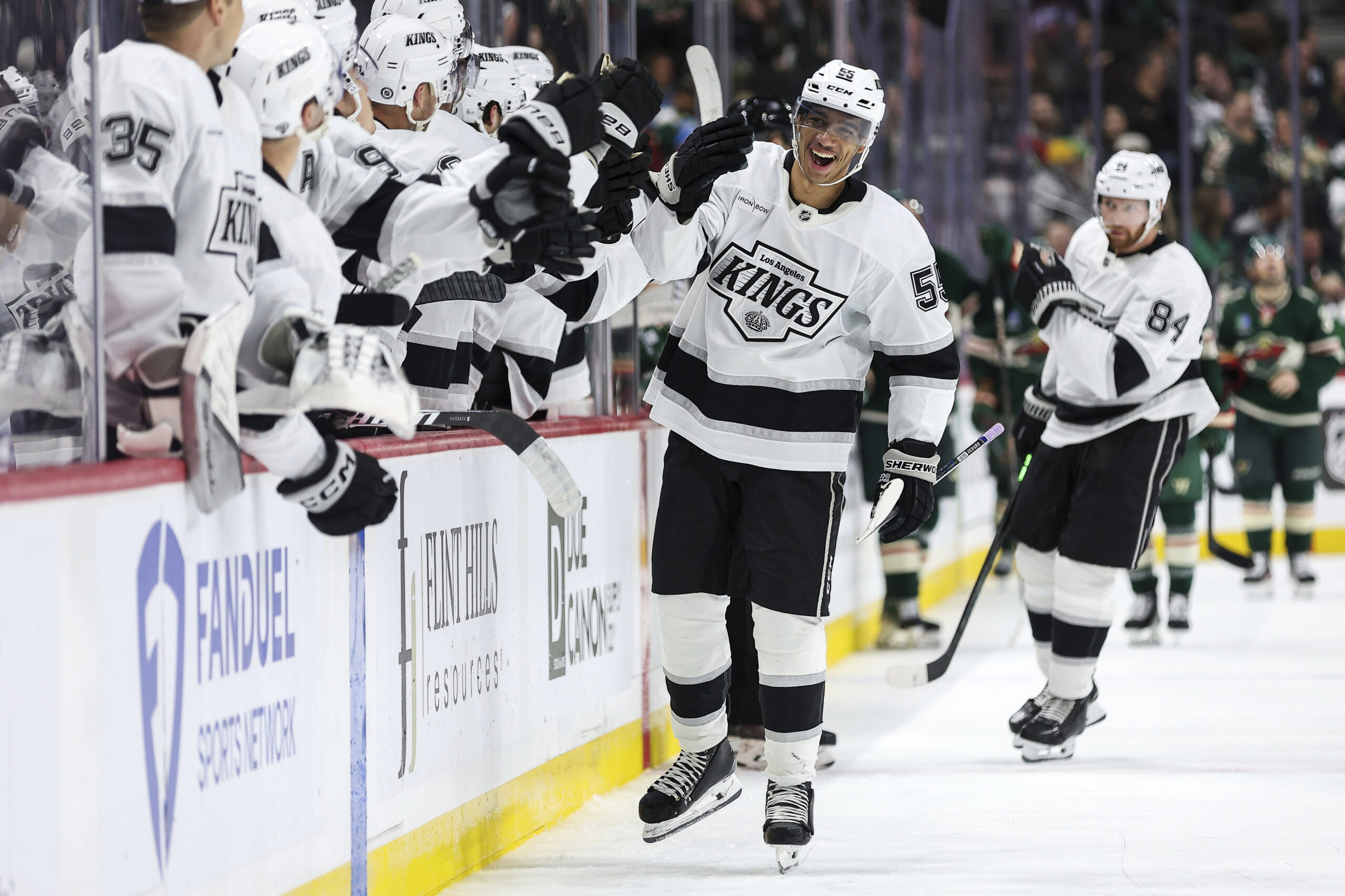 Kings right wing Quinton Byfield celebrates his goal during the...