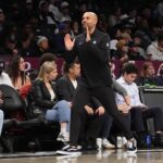 Brooklyn Nets head coach Jordi Fernandez motions to his players