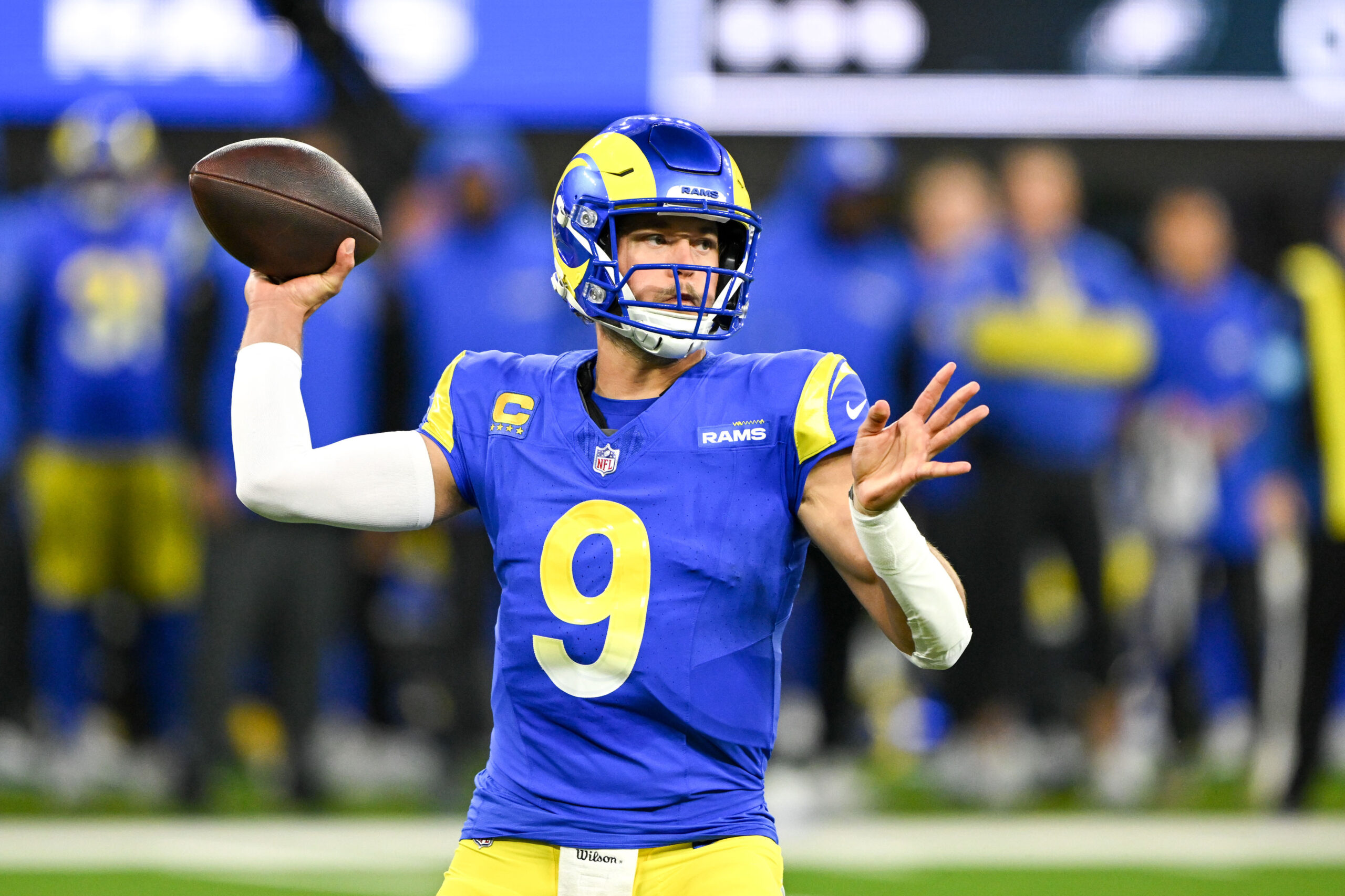 Rams QB Matthew Stafford, #9, passes during second quarter action...