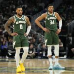 Mar 24, 2024; Milwaukee, Wisconsin, USA; Milwaukee Bucks forward Giannis Antetokounmpo (34) and guard Damian Lillard (0) during the game against the Oklahoma City Thunder at Fiserv Forum. Mandatory Credit: Jeff Hanisch-USA TODAY Sports