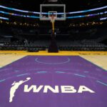 Jul 9, 2024; Los Angeles, California, USA; The WNBA logo on the court at Crypto.com Arena. Mandatory Credit: Kirby Lee-USA TODAY Sports