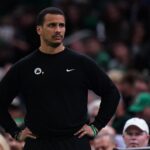 Nov 12, 2024; Boston, Massachusetts, USA; Boston Celtics head coach Joe Mazzulla watches from the sideline as they take on the Atlanta Hawks at TD Garden. Mandatory Credit: David Butler II-Imagn Images Al Horford