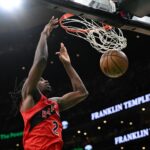 Jonathan Mogbo is a rookie for the Raptors.