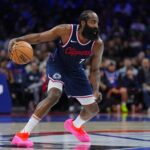 Nov 24, 2024; Philadelphia, Pennsylvania, USA; Los Angeles Clippers guard James Harden (1) controls the ball against the Philadelphia 76ers in the third quarter at Wells Fargo Center. Mandatory Credit: Kyle Ross-Imagn Images