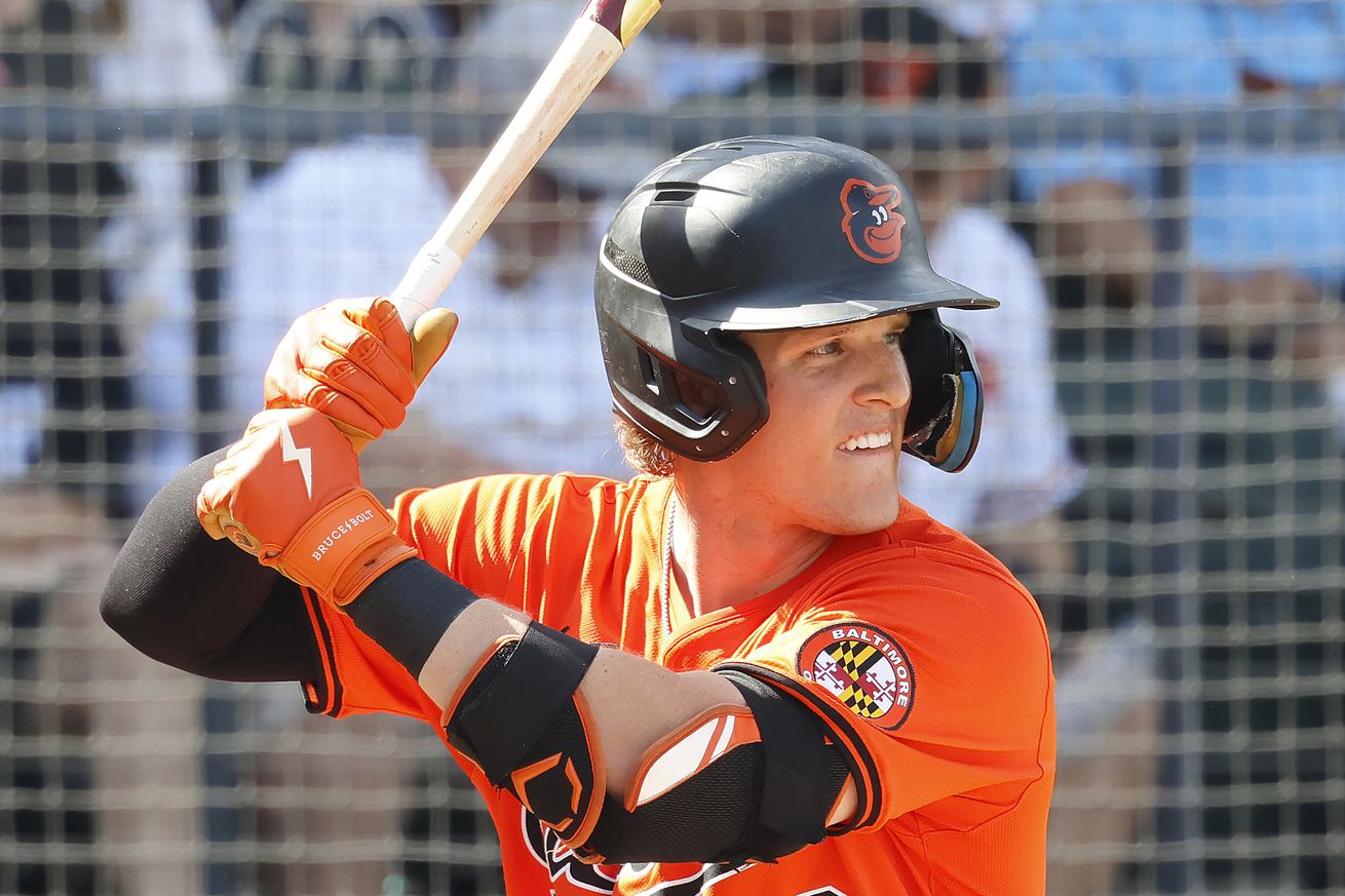 John Rhodes (88) bats during the Saturday afternoon Spring Training baseball game between the Atlanta Braves and the Baltimore Orioles on March 9, 2024 at CoolToday Park in North Port, Florida.