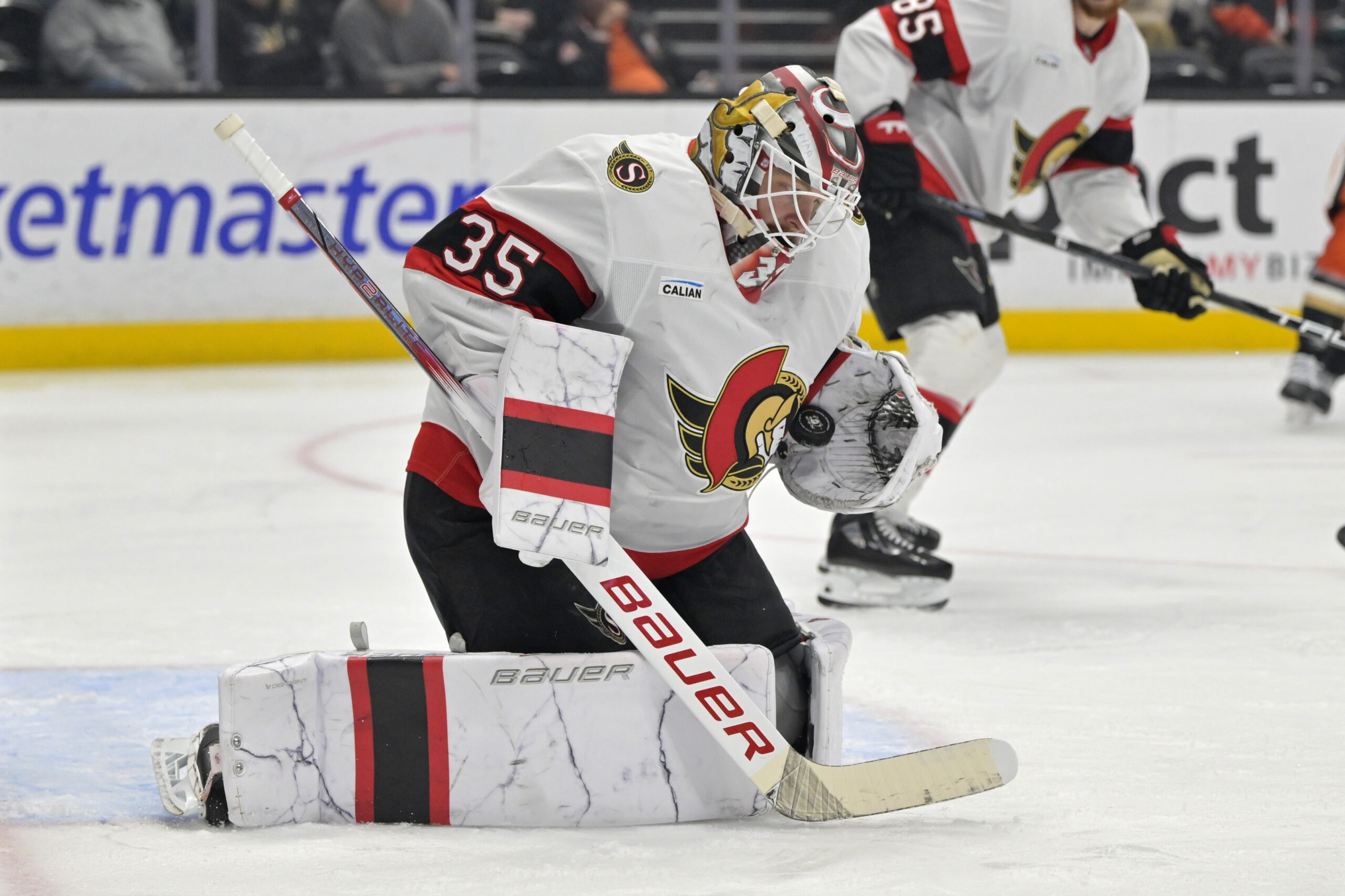 Ottawa Senators goaltender Linus Ullmark makes a save during the...