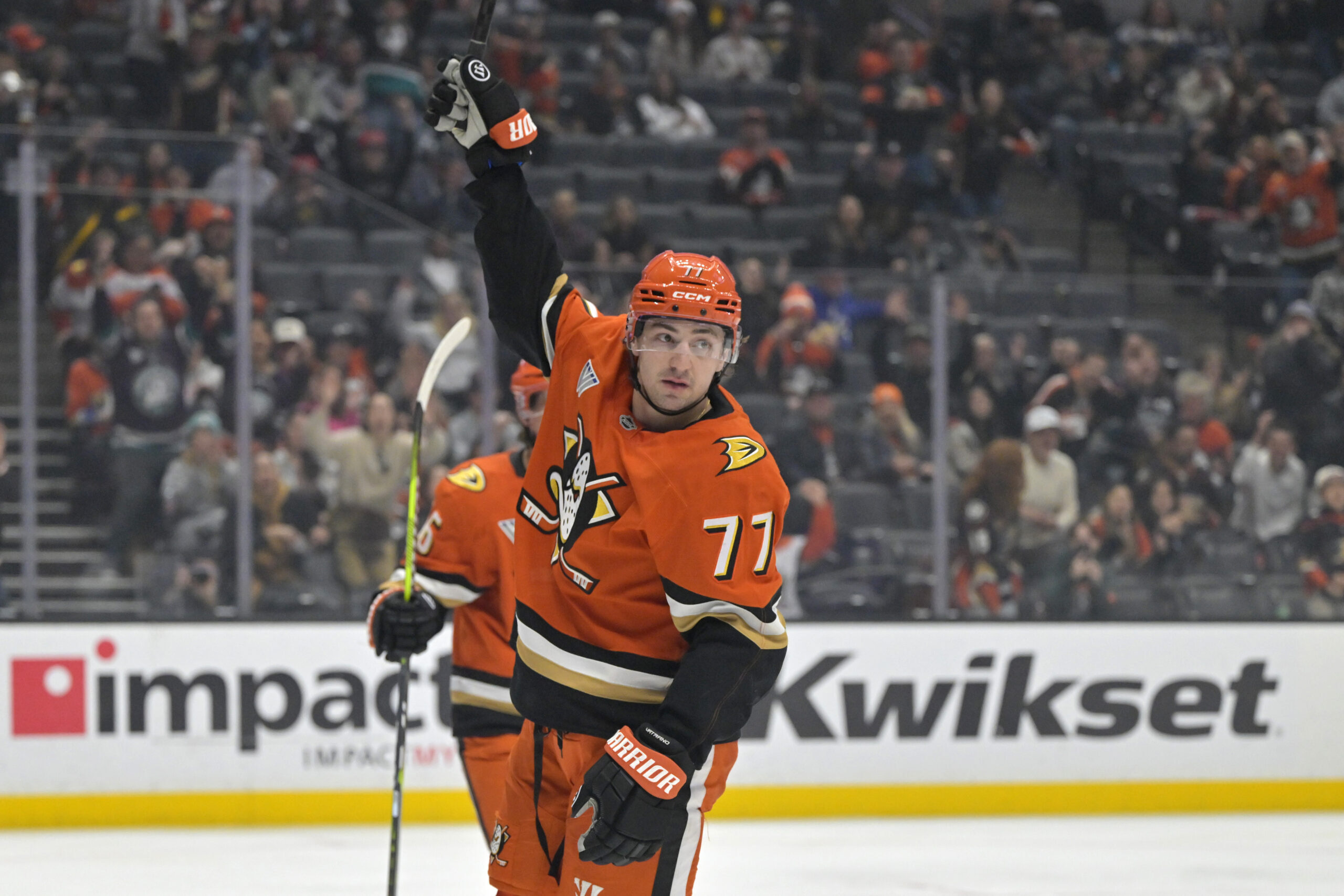 Ducks right wing Frank Vatrano celebrates after scoring a goal...