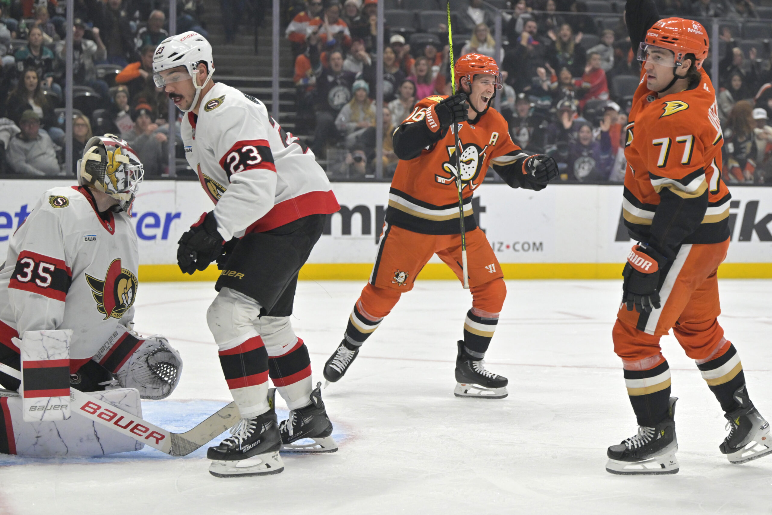 Ducks center Ryan Strome (16) celebrates after a goal by...