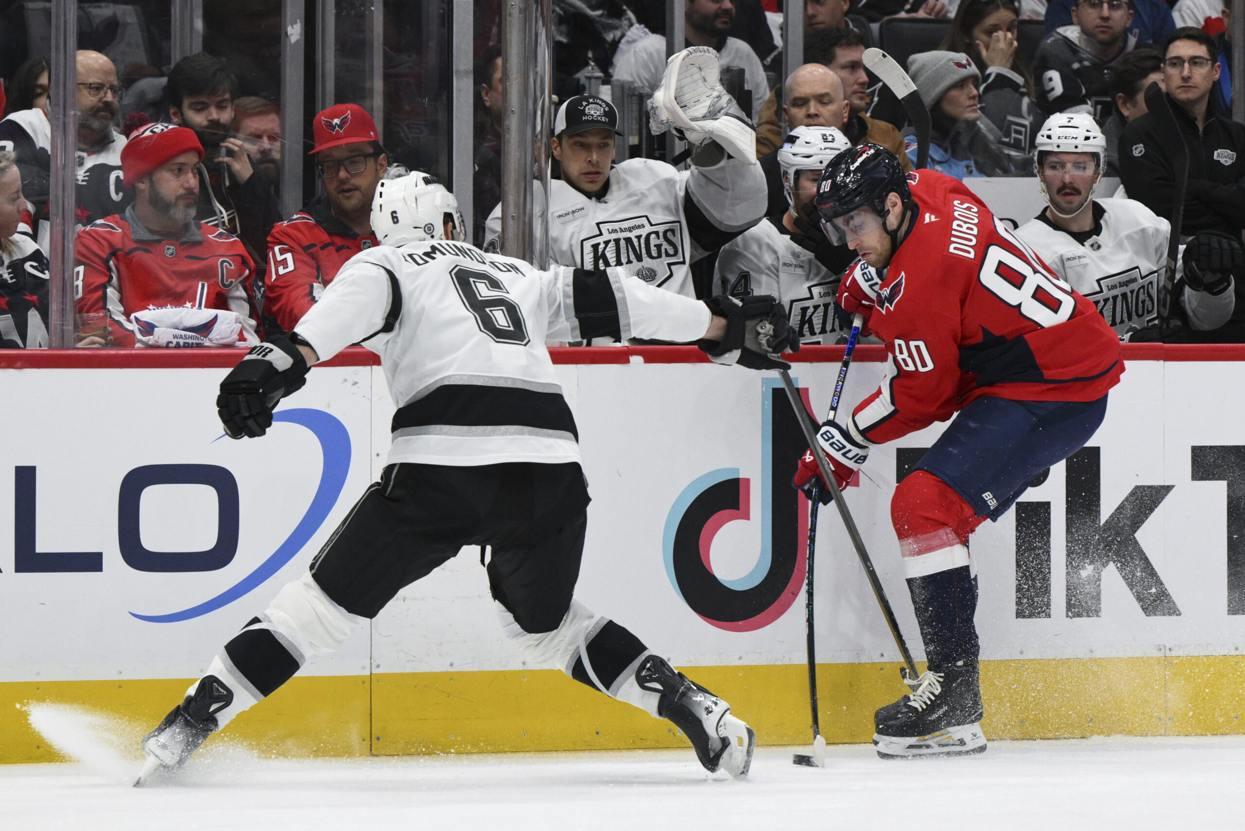 Washington Capitals left wing Pierre-Luc Dubois handles the puck as...