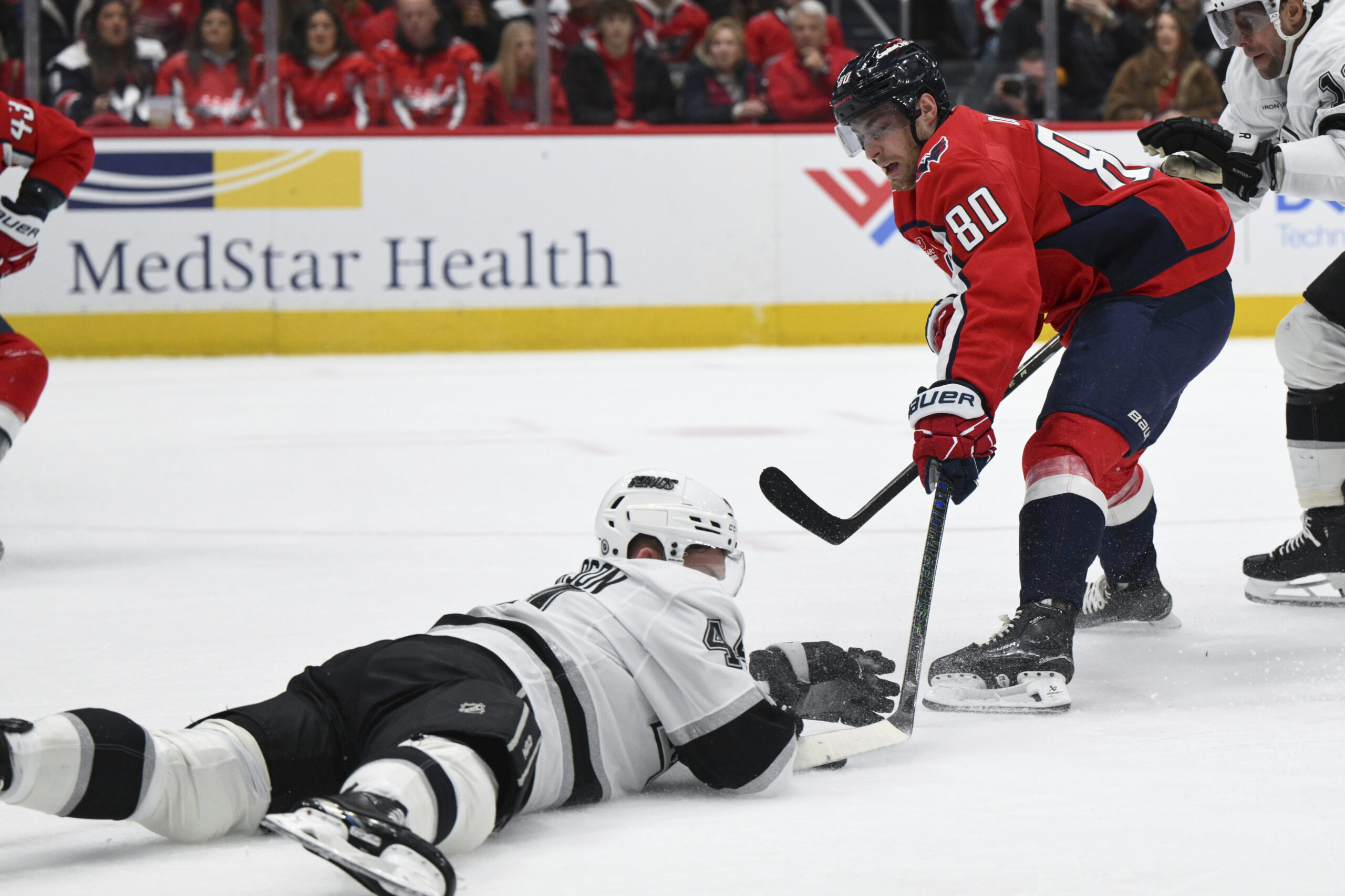 Washington Capitals left wing Pierre-Luc Dubois (80) has his shot...