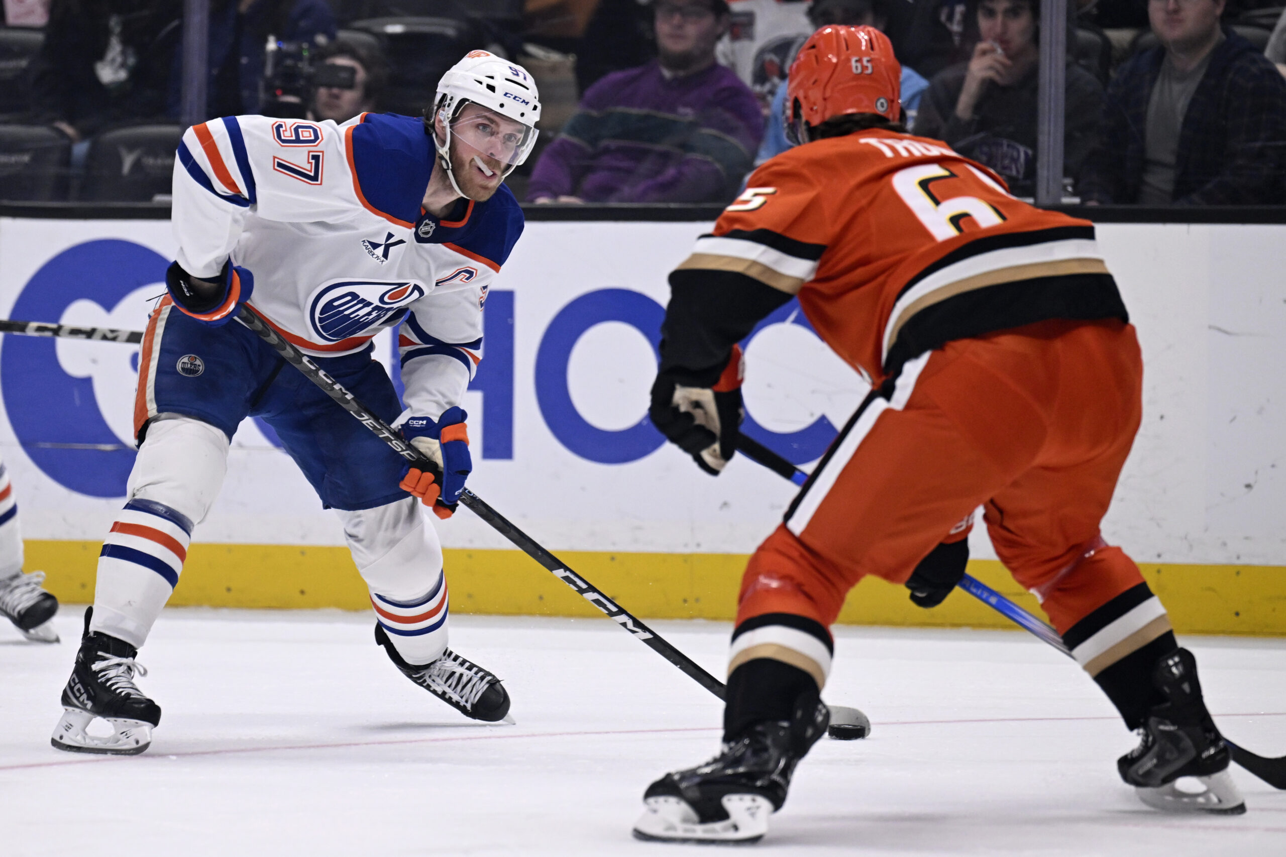 Edmonton Oilers center Connor McDavid (97) looks to shoot against...