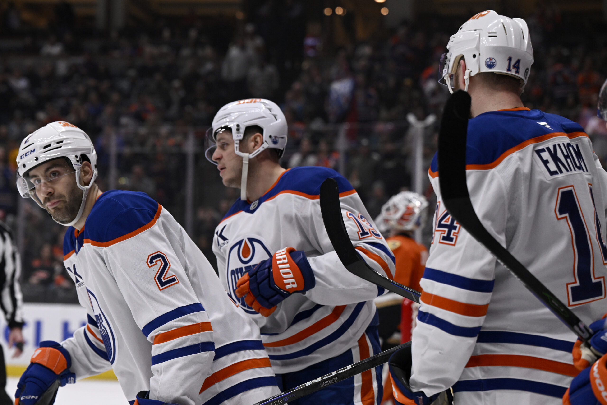 Edmonton Oilers defenseman Evan Bouchard (2) reacts after scoring against...