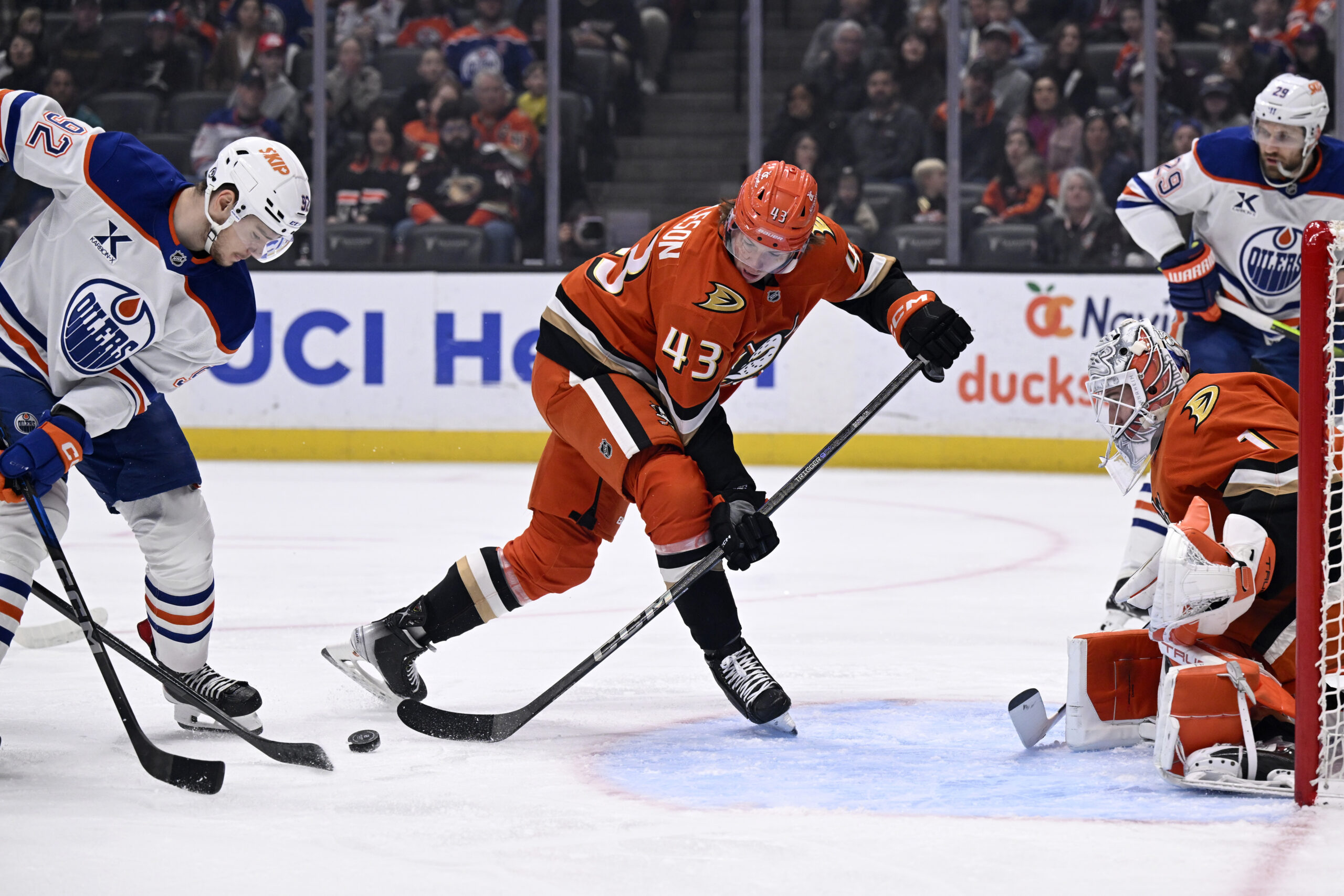 Edmonton Oilers right wing Vasily Podkolzin (92) and Ducks defenseman...