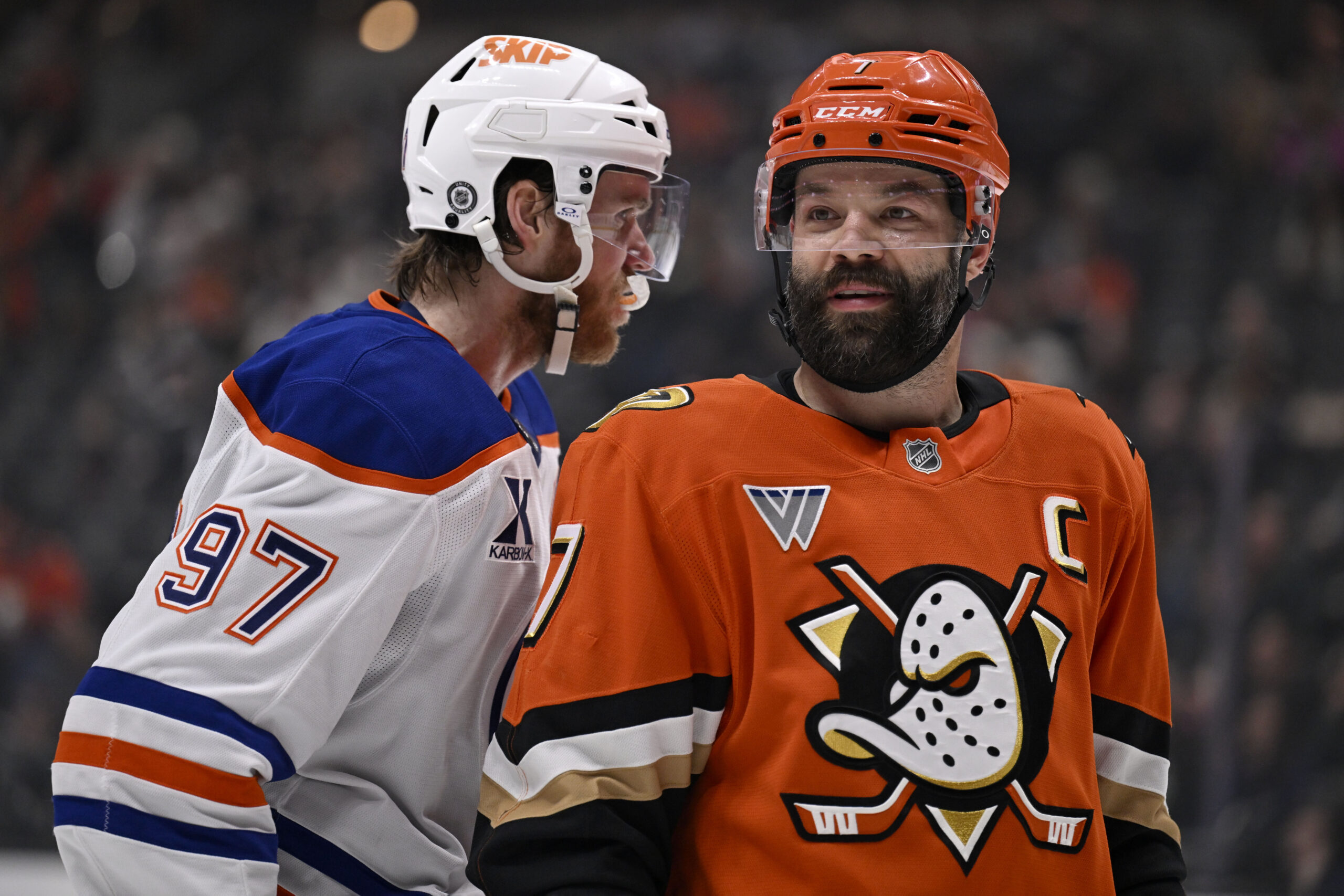 Edmonton Oilers center Connor McDavid (97) and Ducks defenseman Radko...