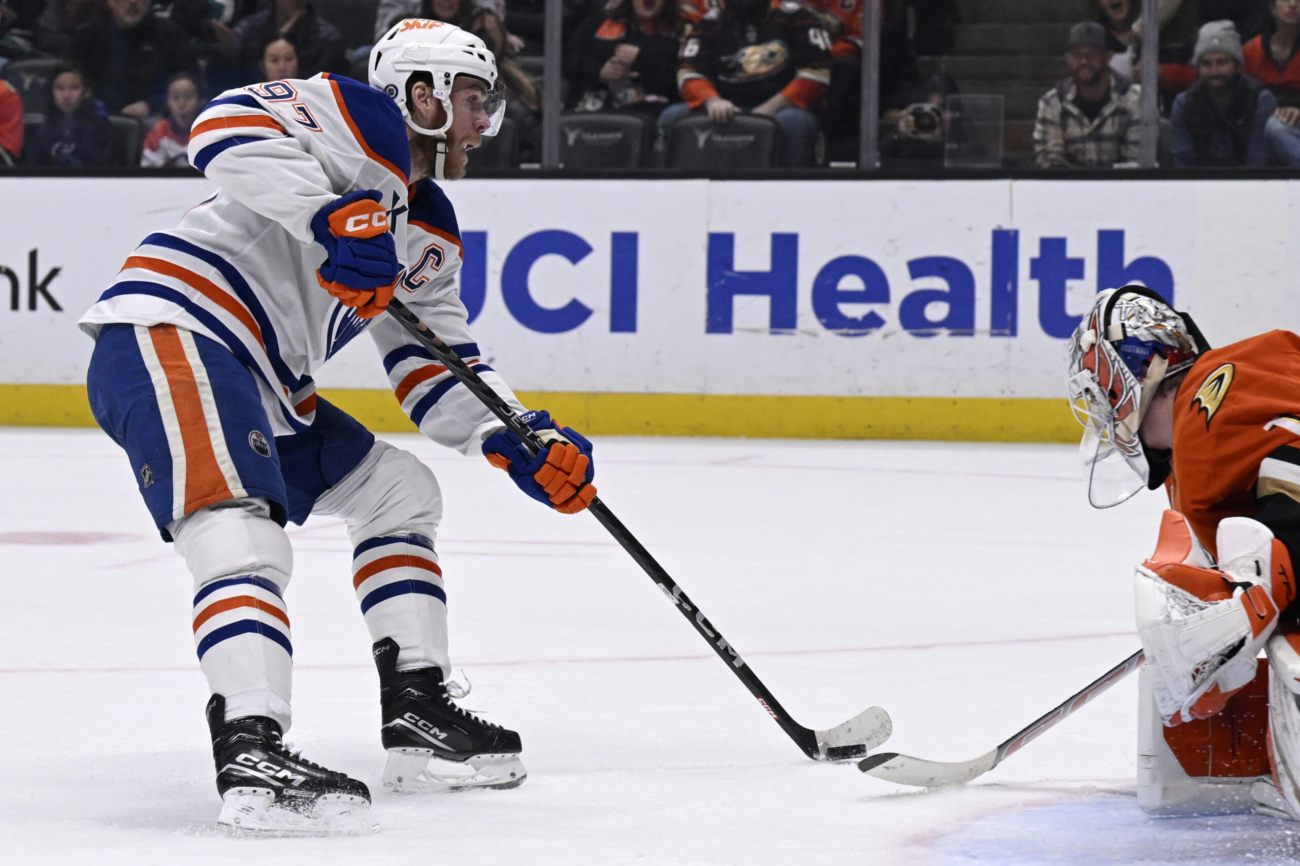 Edmonton Oilers center Connor McDavid (97) takes a shot against...