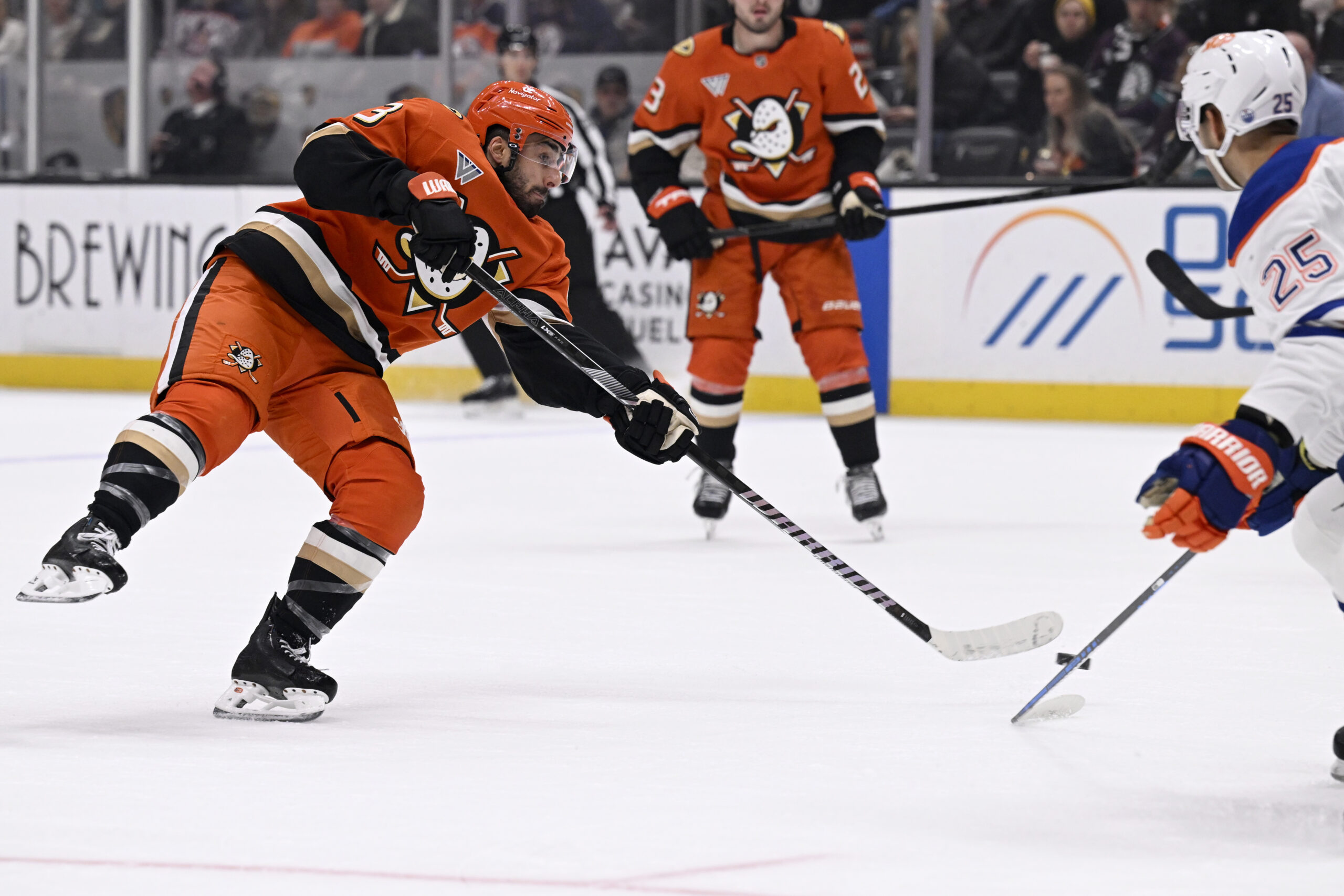 Ducks center Robby Fabbri (13) takes a shot against Edmonton...