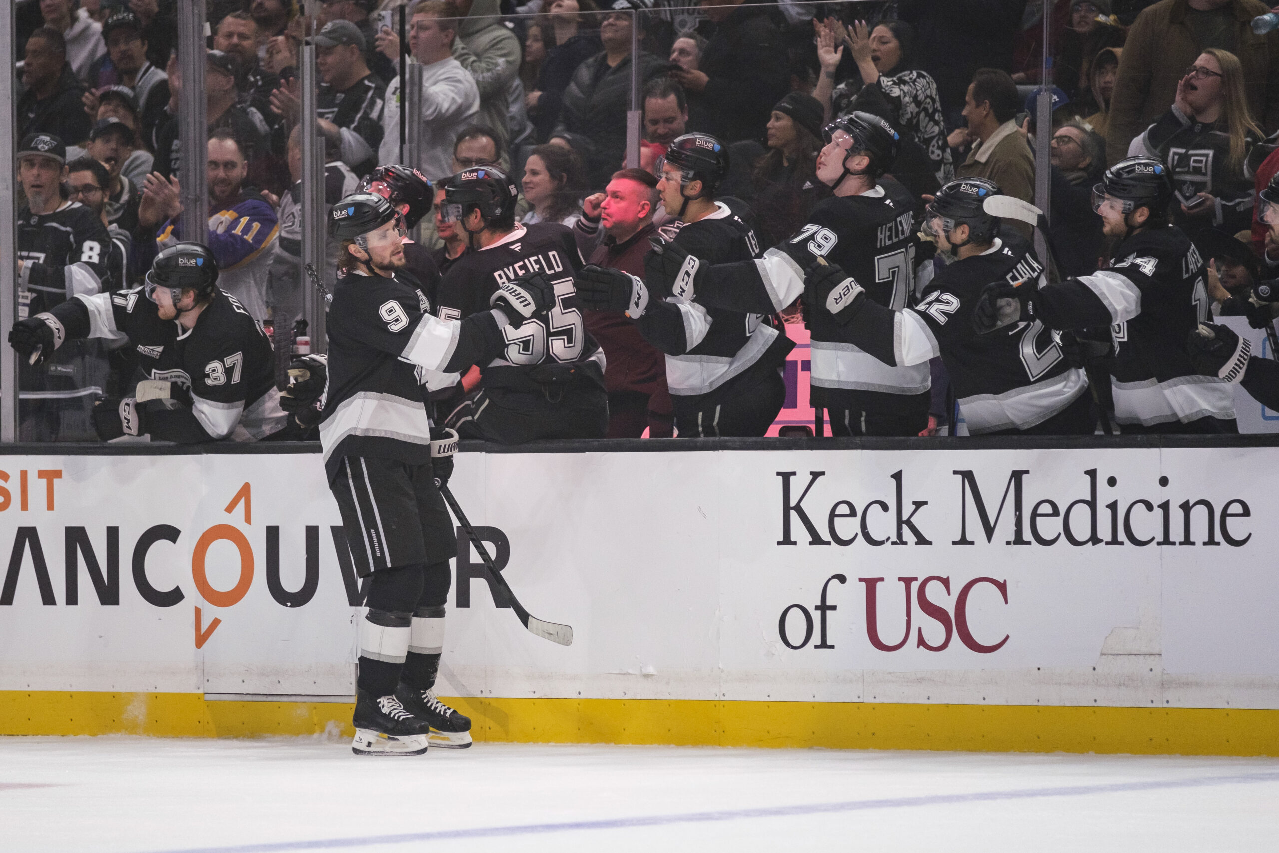 Kings right wing Adrian Kempe (9) celebrates with his team...