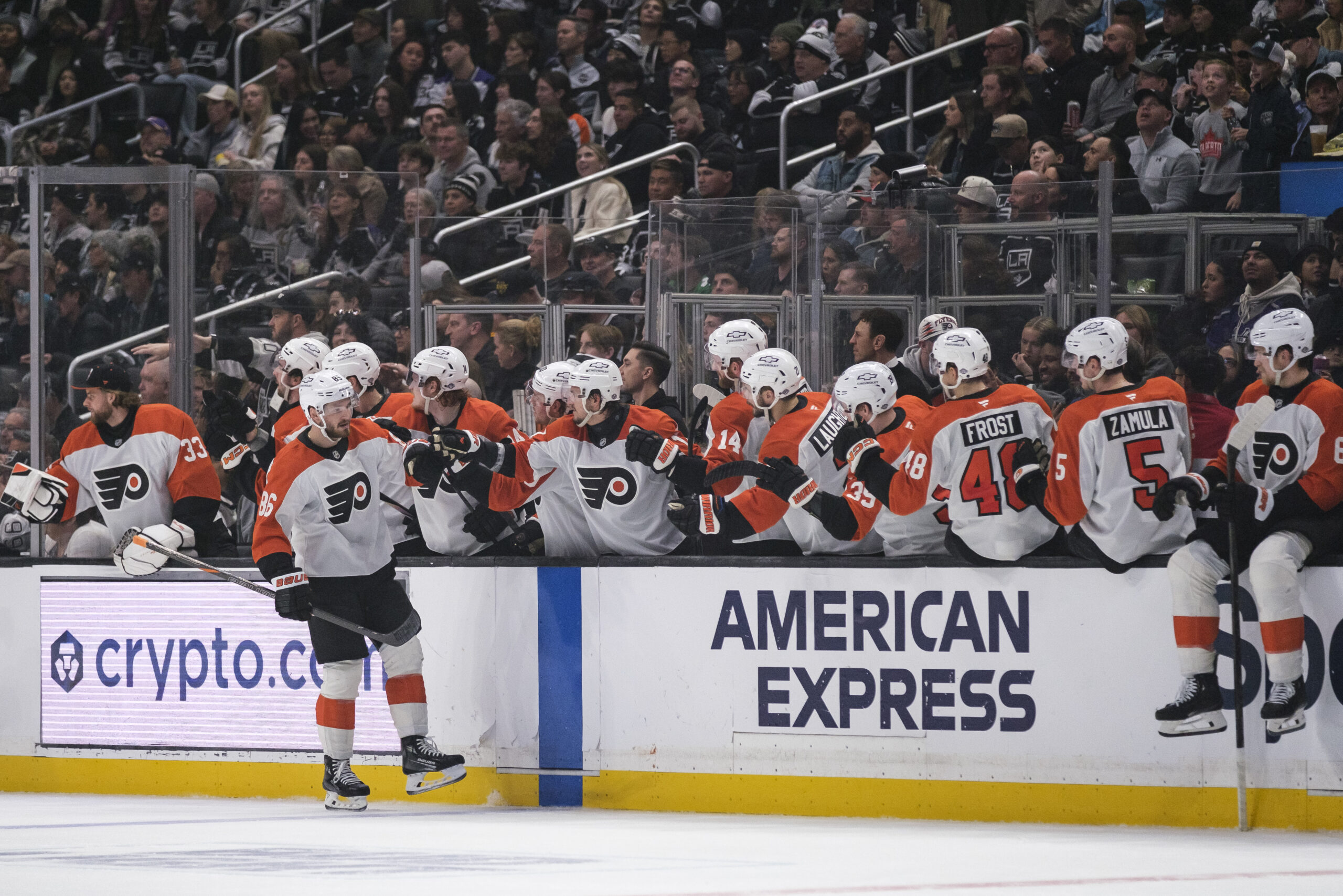 Philadelphia Flyers left wing Joel Farabee (86) celebrates with his...