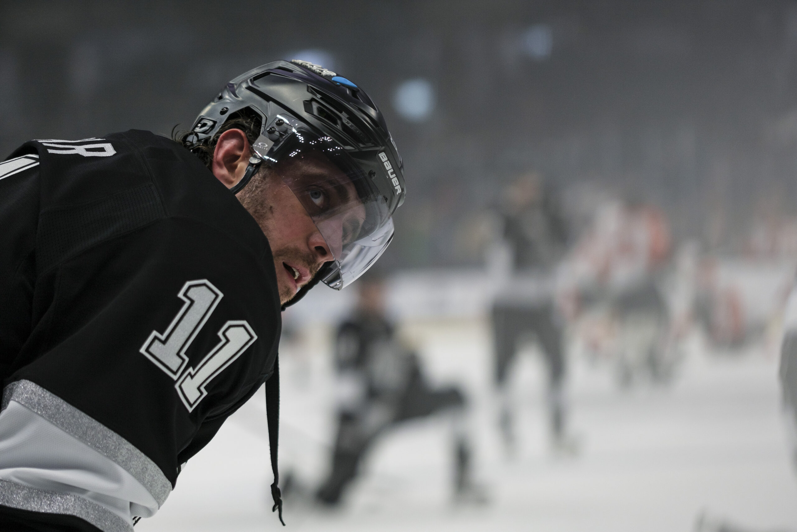 Kings center Anze Kopitar (11) looks on during warmups before...