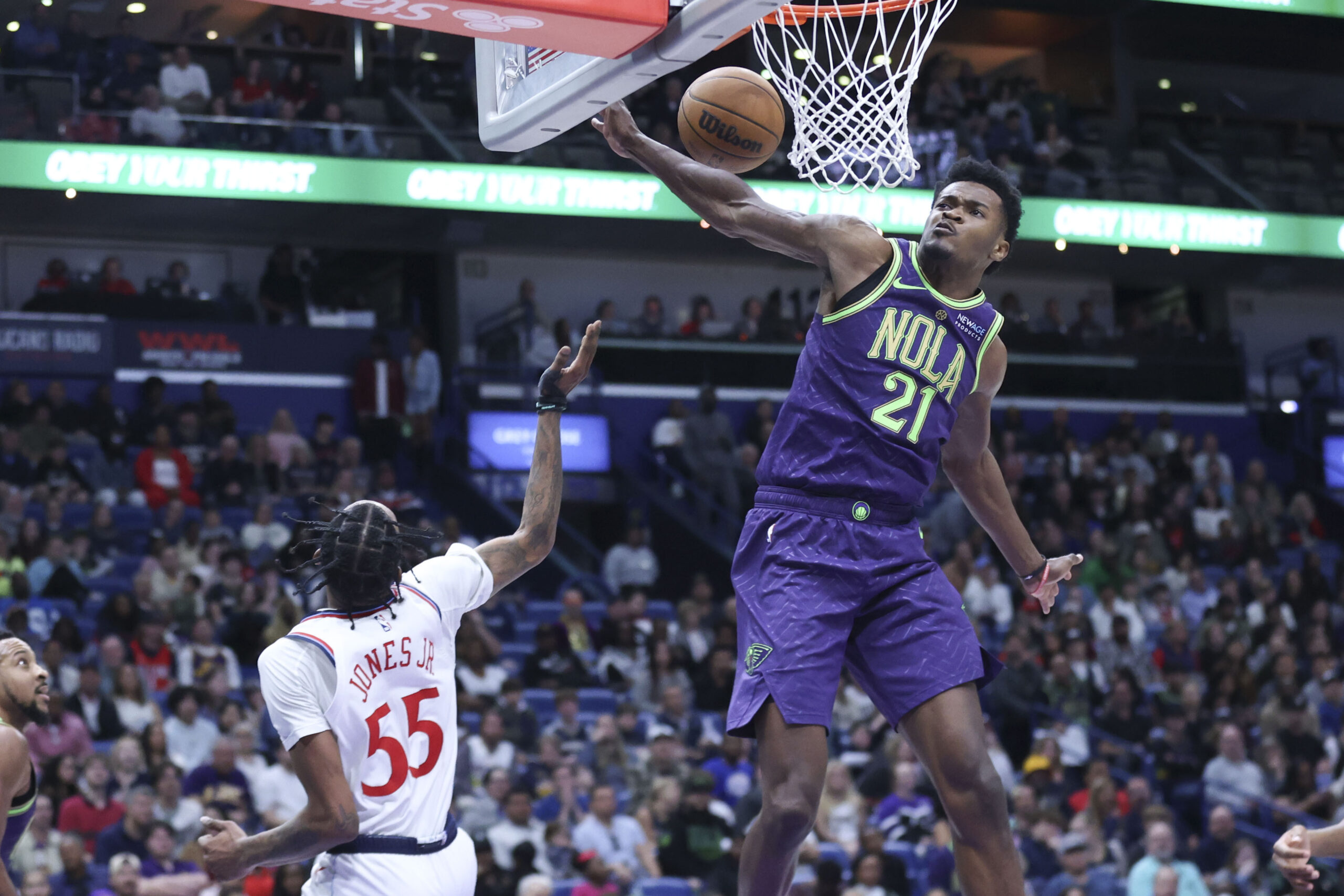 New Orleans Pelicans center Yves Missi (21) blocks a shot...