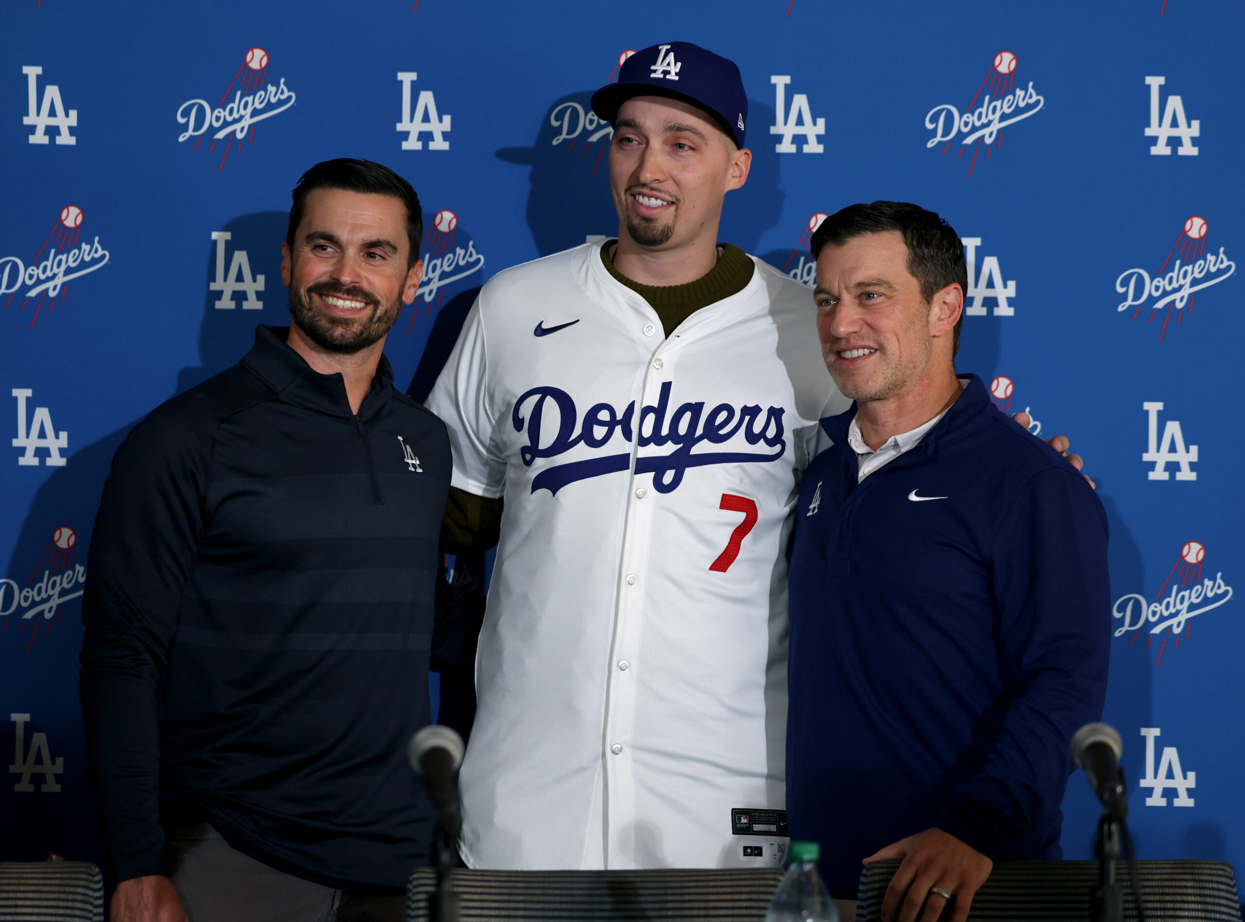 New Dodgers pitcher Blake Snell poses for a picture with...