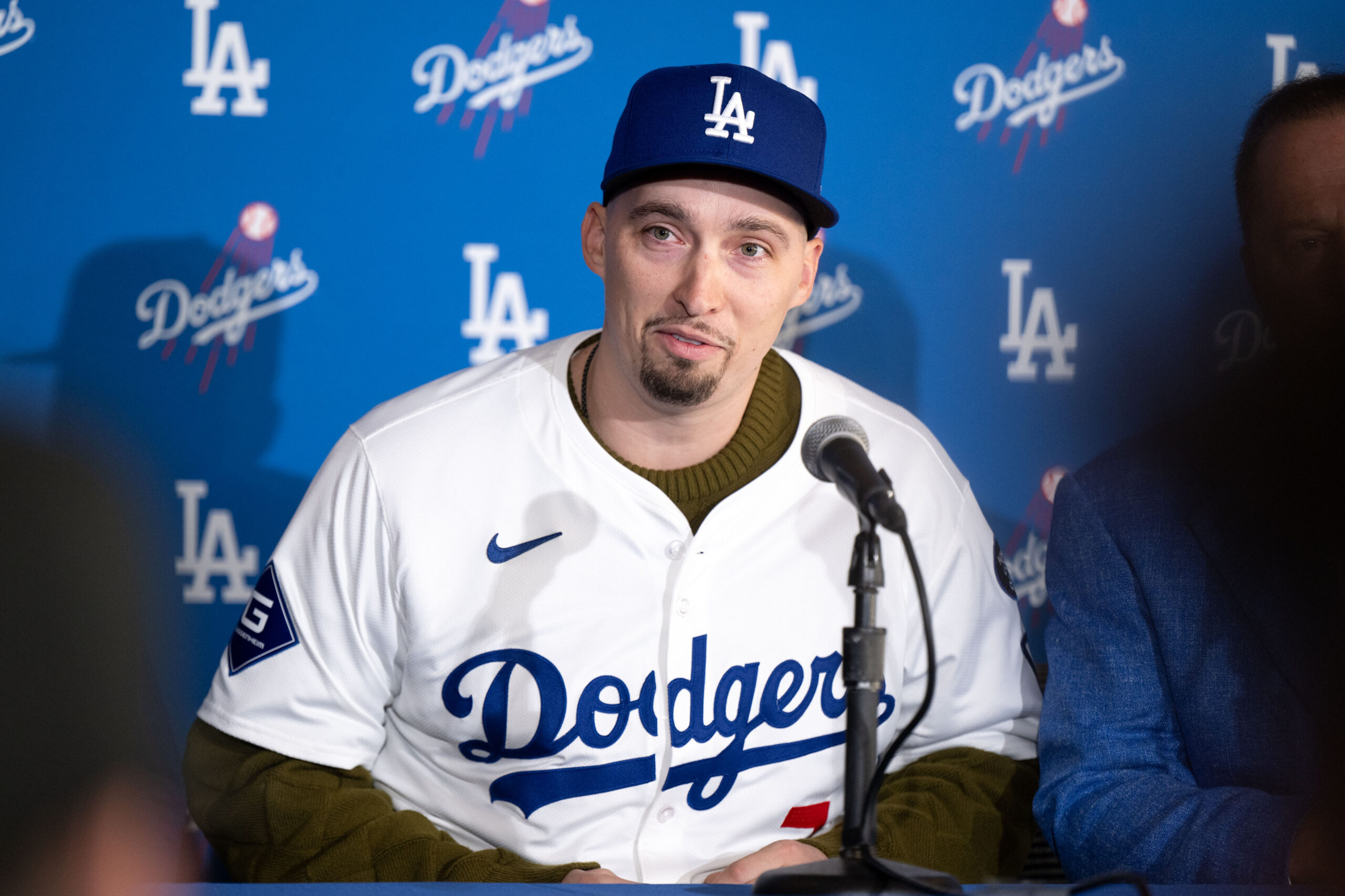 New Dodgers pitcher Blake Snell talks to the media during...