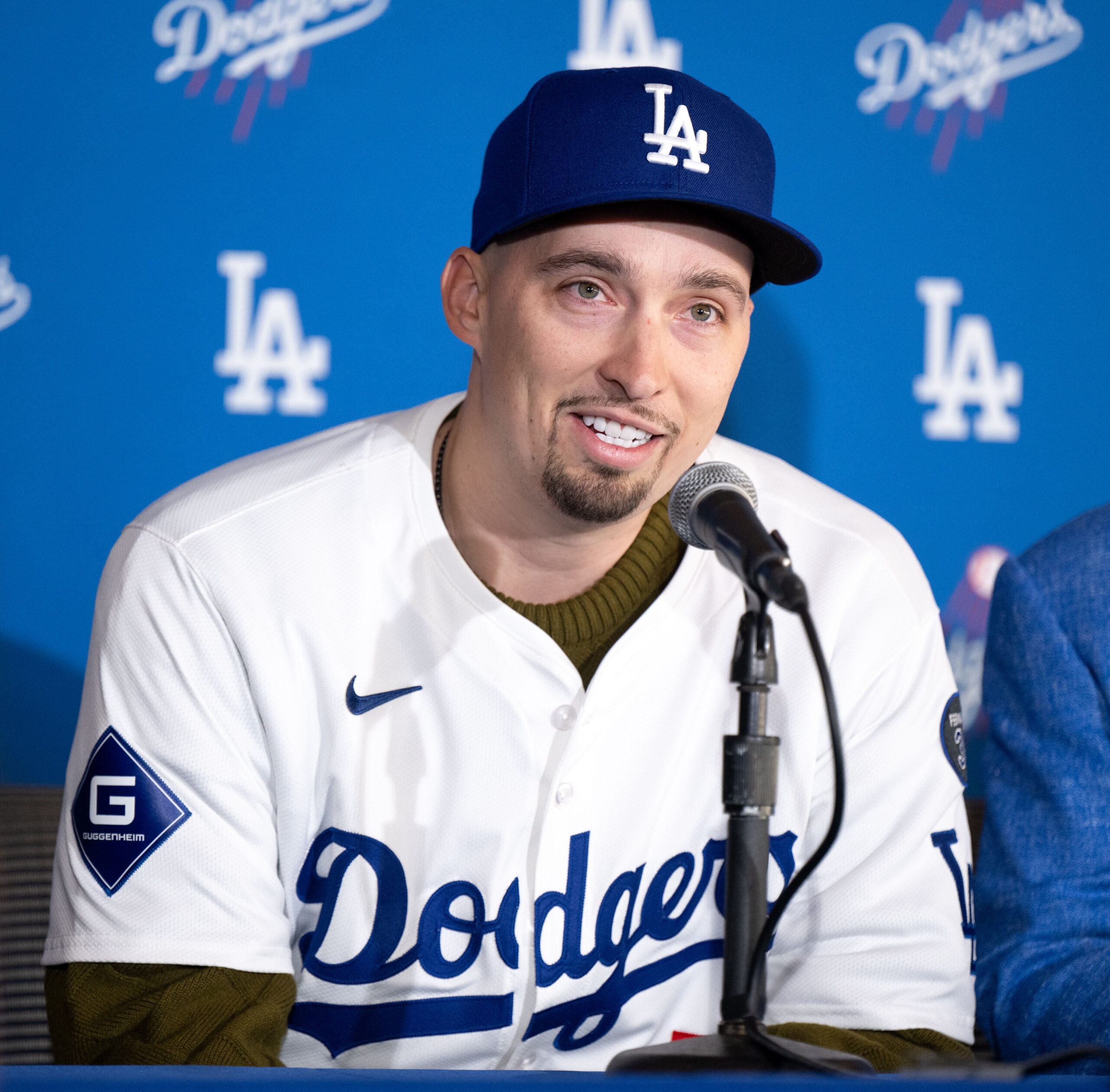 New Dodgers pitcher Blake Snell talks to the media during...