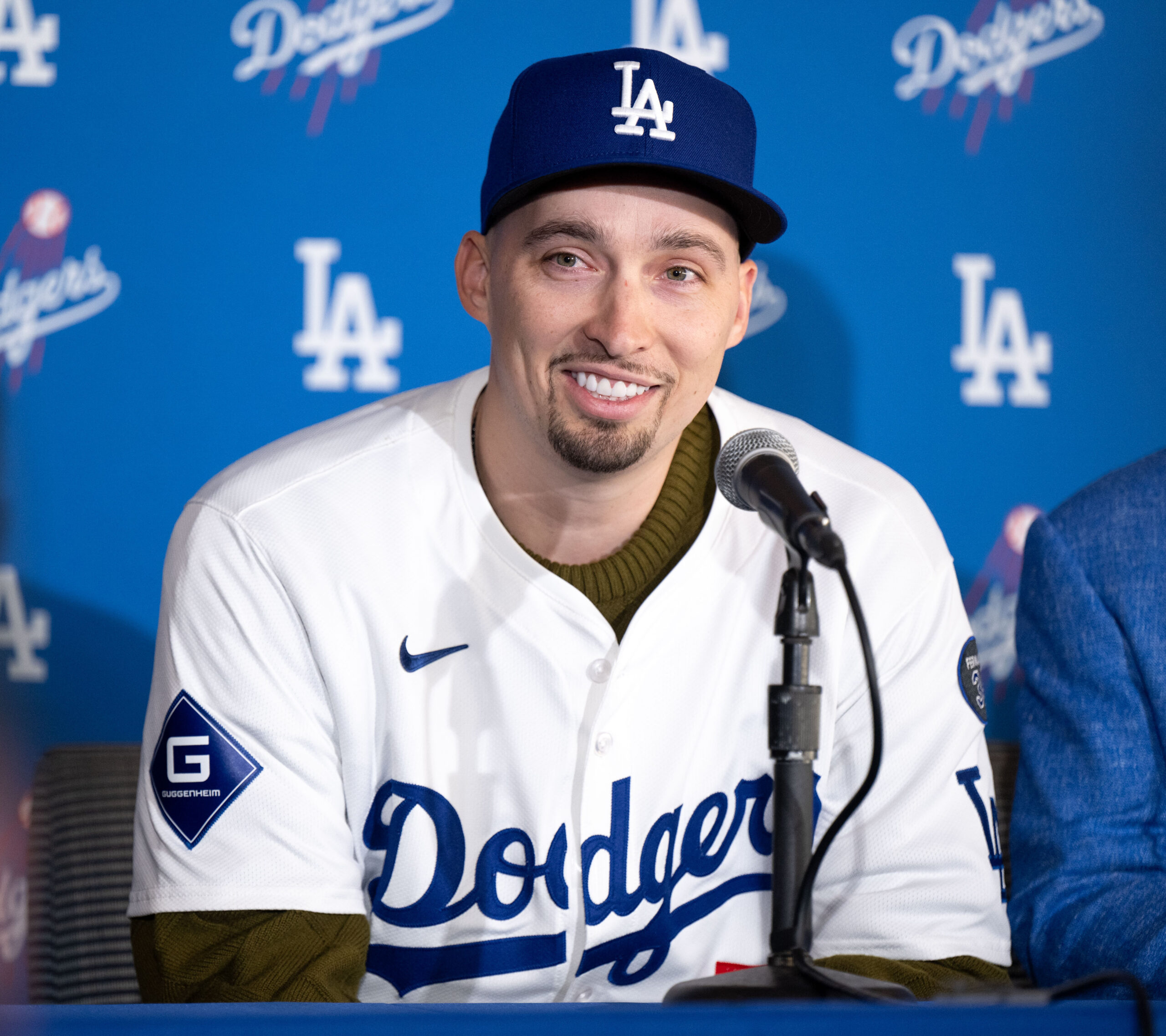 New Dodgers pitcher Blake Snell talks to the media during...