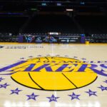 Jan 17, 2024; Los Angeles, California, USA; The Los Angeles Lakers logo at center court at the Crypto.com Arena. Mandatory Credit: Kirby Lee-USA TODAY Sports