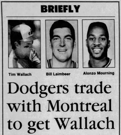 The Dodgers’ trade for third baseman Tim Wallach on Christmas Eve in 1992 led to an interesting Christmas morning newspaper layout in the Memphis Commercial Appeal newspaper (Bill Laimbeer and Alonzo Mourning were fined $6,500 and $5,000, respectively, by the NBA for a fight earlier in the week).