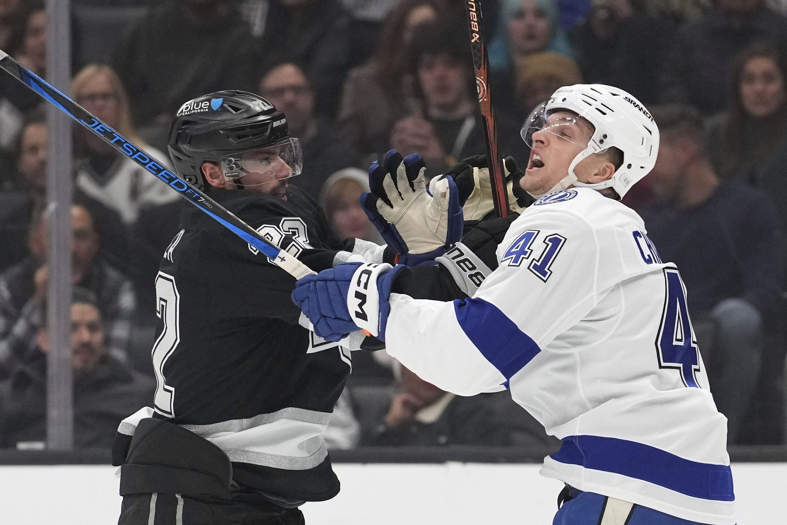 Kings left wing Kevin Fiala, left, and Tampa Bay Lightning...