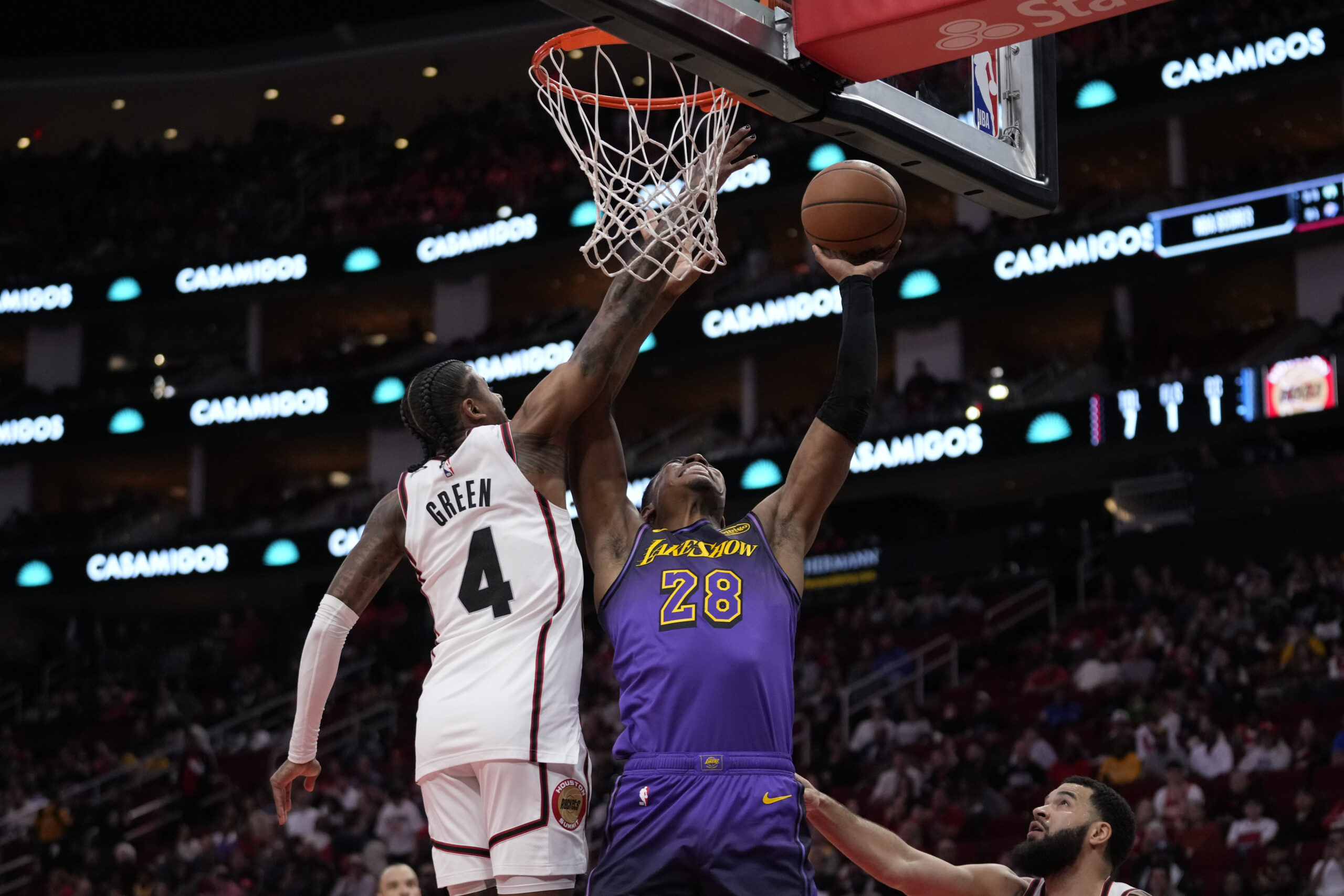 Lakers forward Rui Hachimura (28) shoots against Houston Rockets guard...