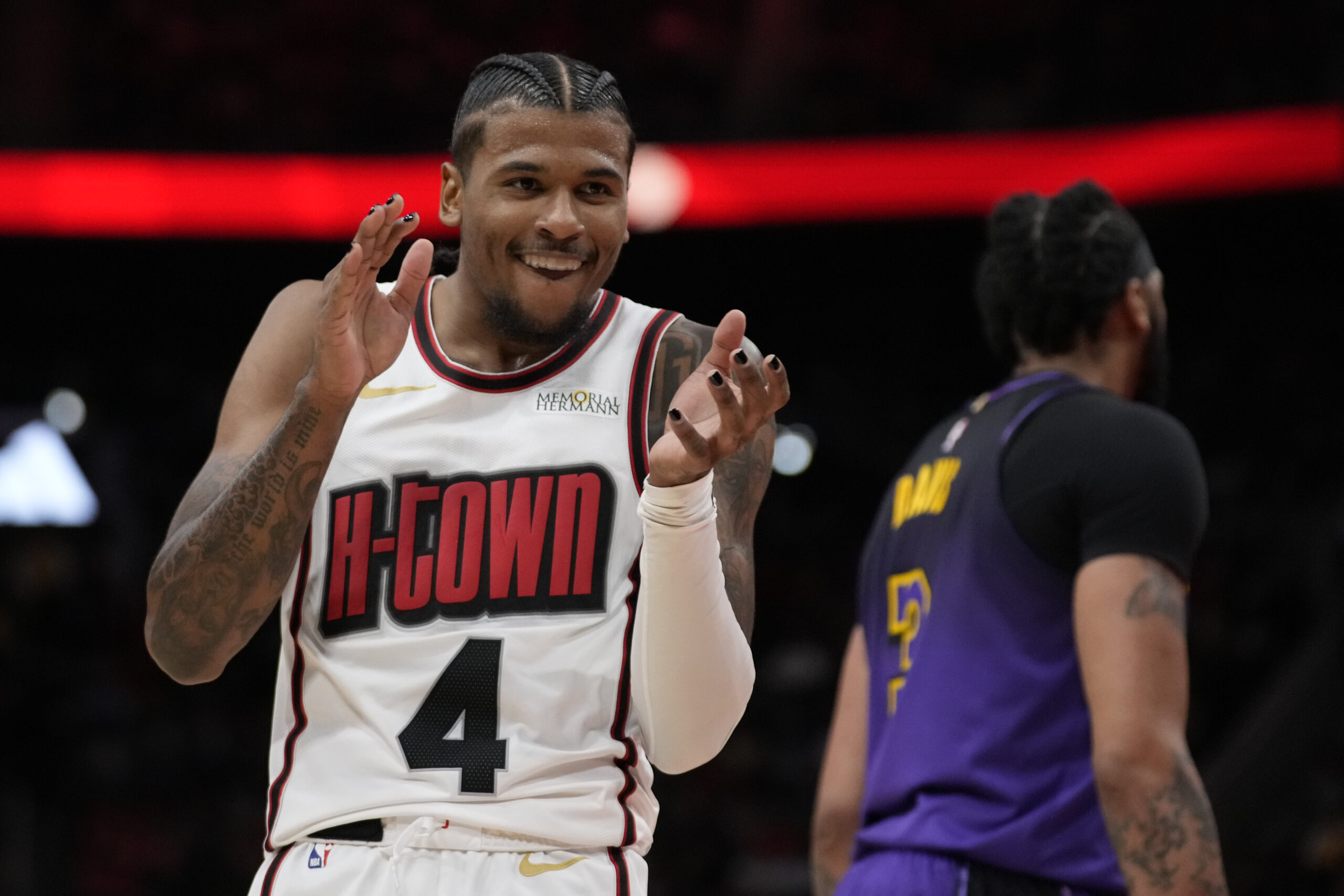 Houston Rockets guard Jalen Green (4) reacts after a foul...