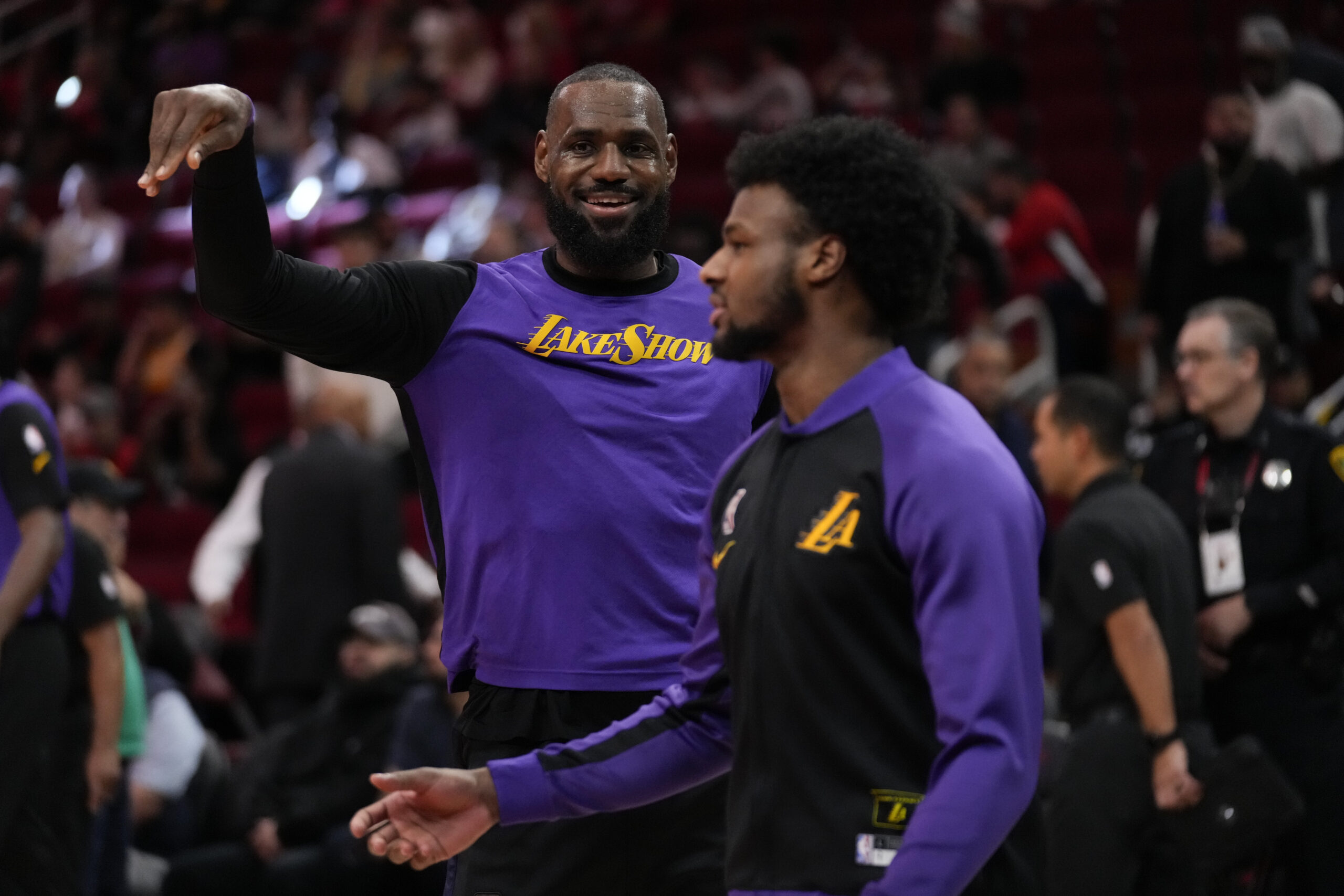 Lakers forward LeBron James, left, and guard Bronny James Jr....