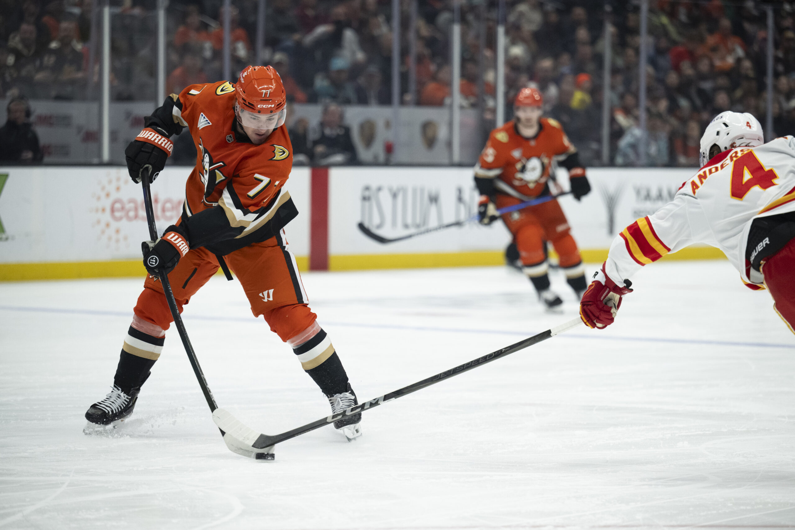 Ducks right wing Frank Vatrano shoots the puck as Calgary...