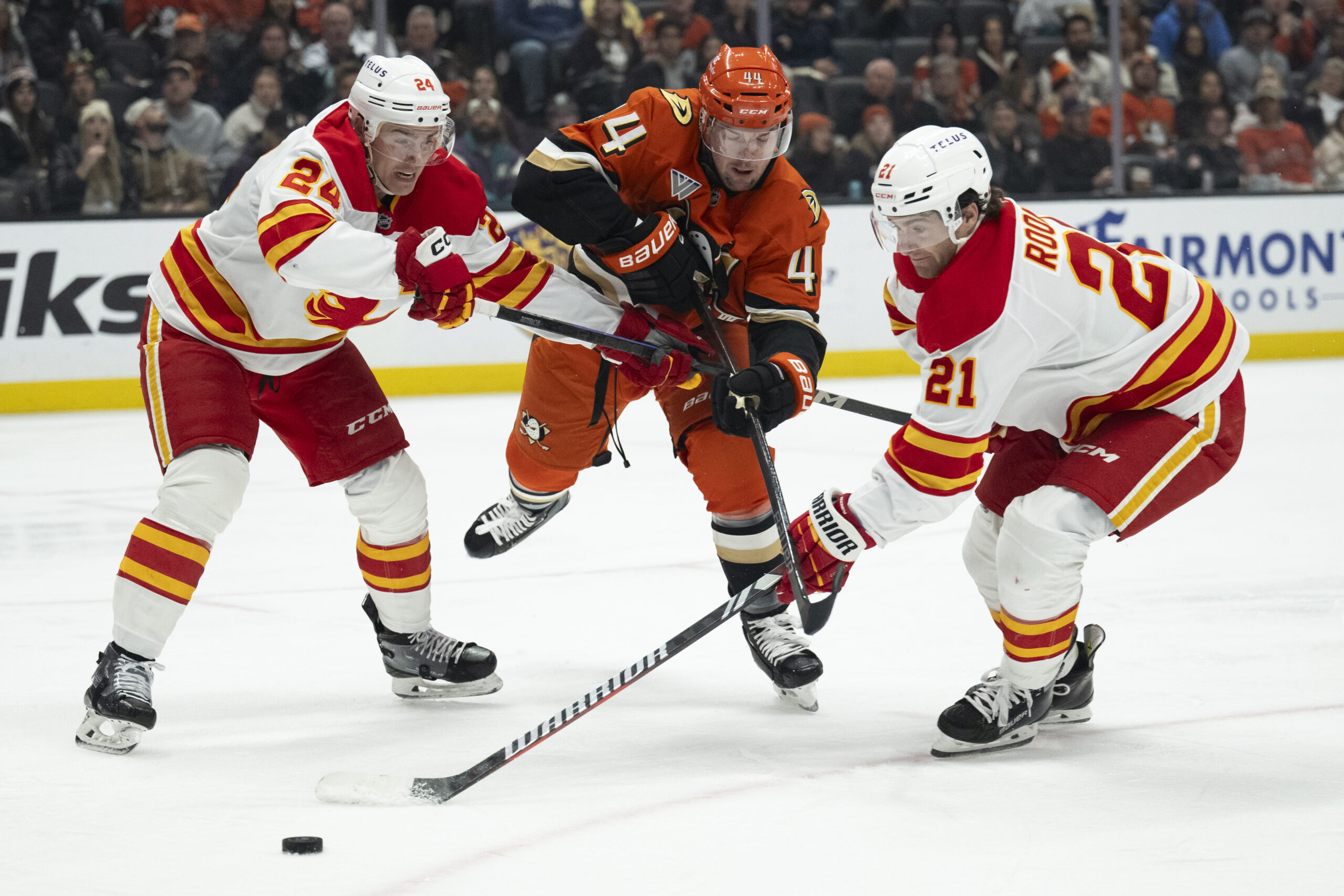 Ducks left wing Ross Johnston, center, vies for the puck...