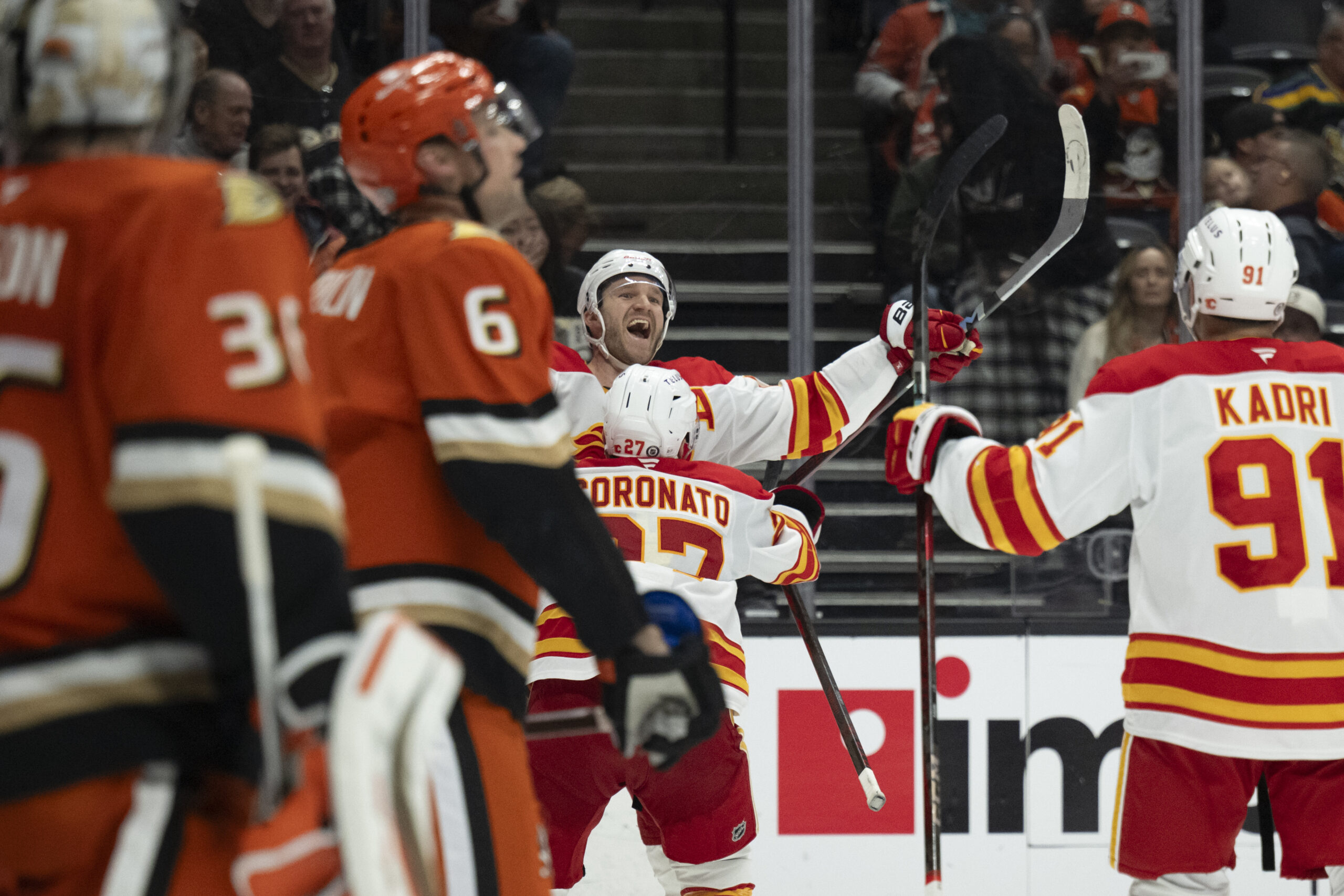 Calgary Flames center Jonathan Huberdeau (10) celebrates his game-winning overtime...