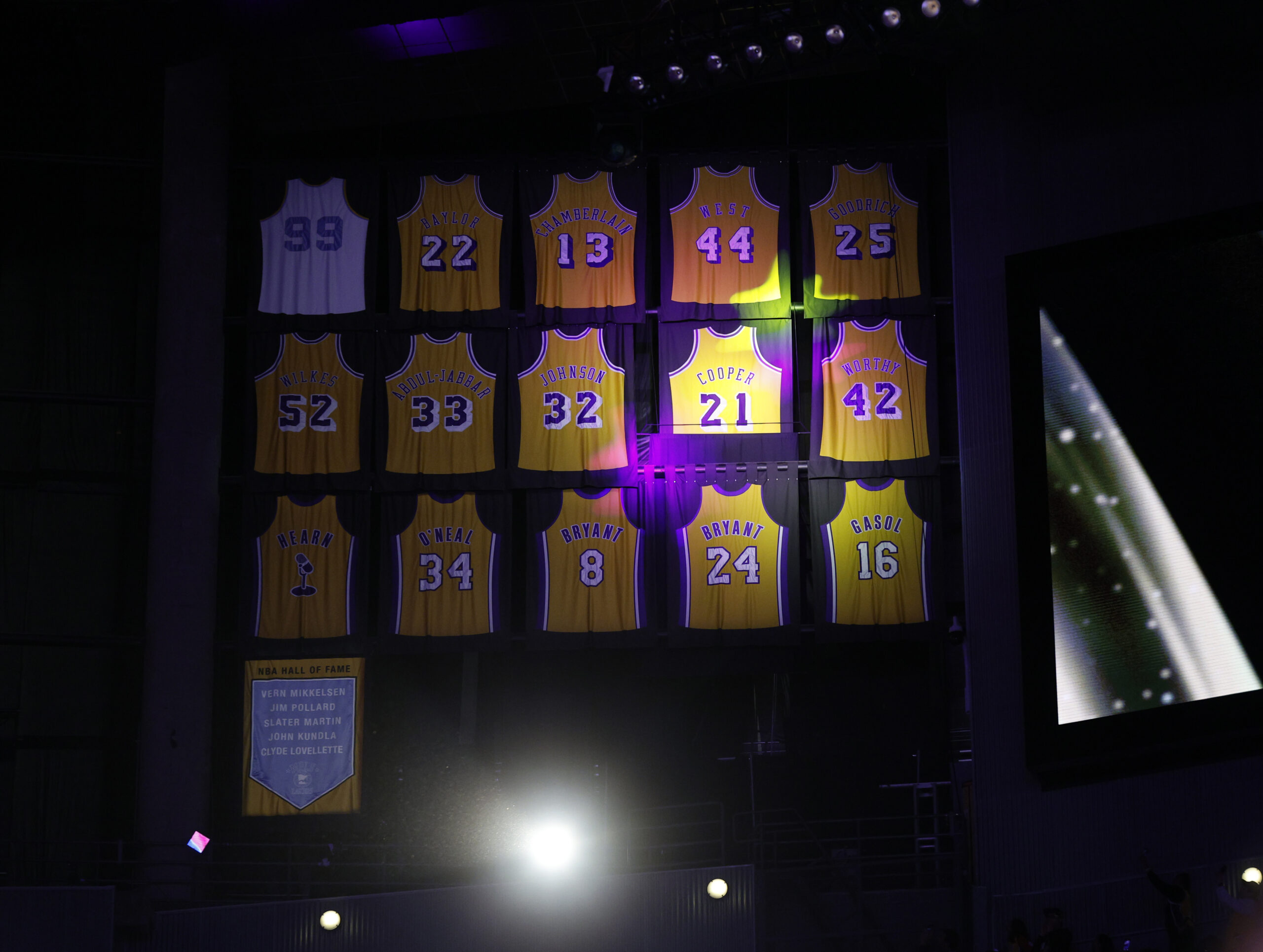 Former Lakers star Michael Cooper’s jersey is retired during a...