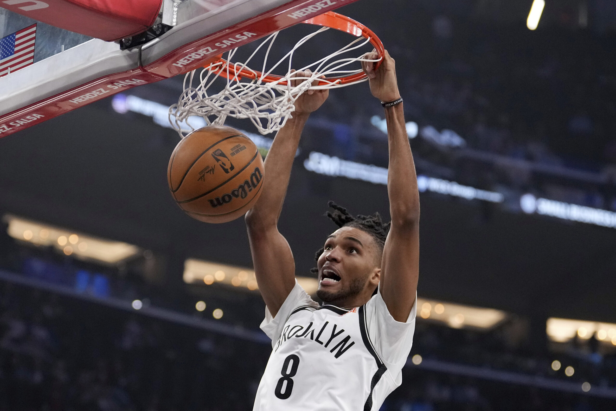 Brooklyn Nets forward Ziaire Williams dunks during the first half...