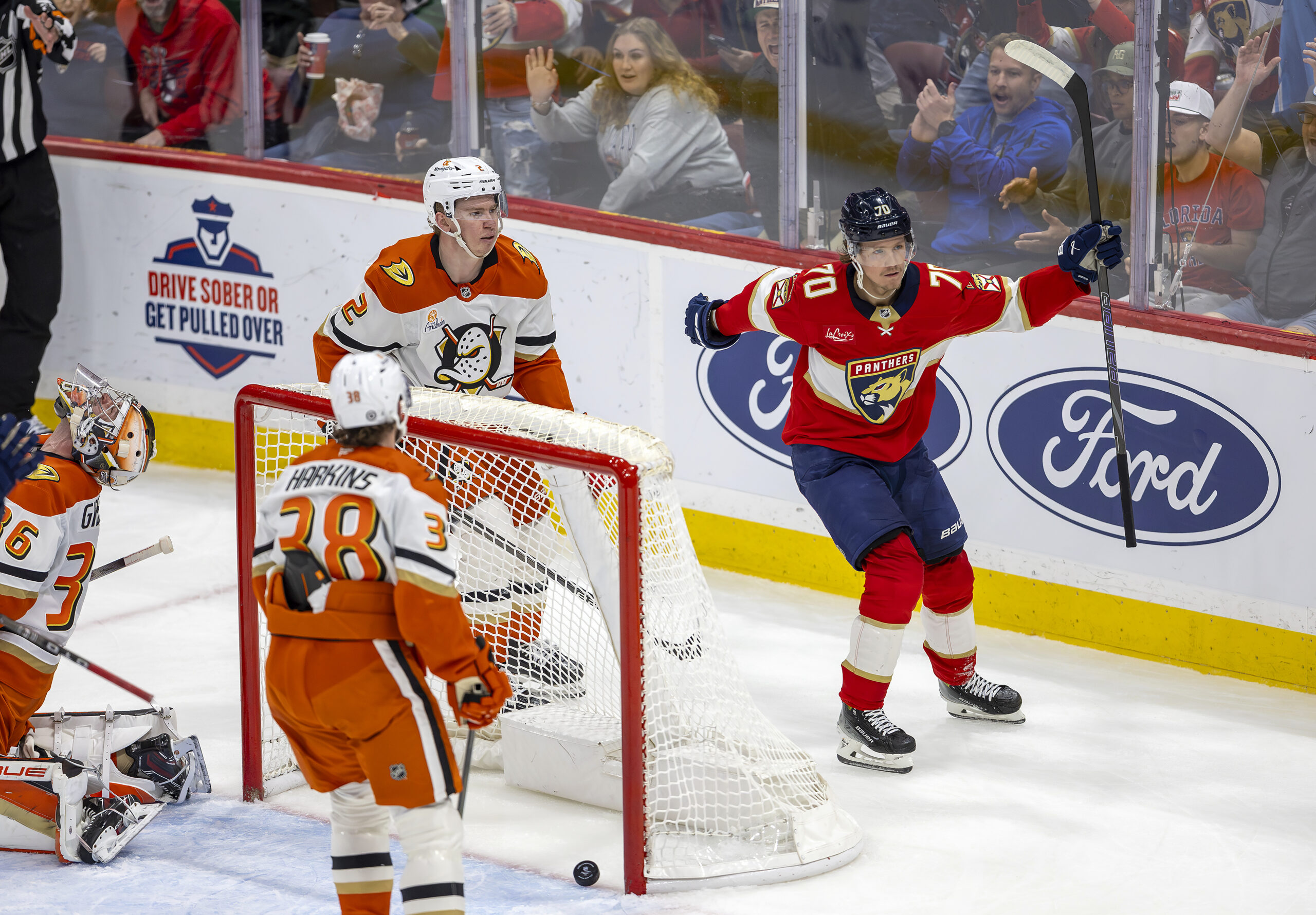 Florida Panthers center Jesper Boqvist (70) celebrates after scoring during...