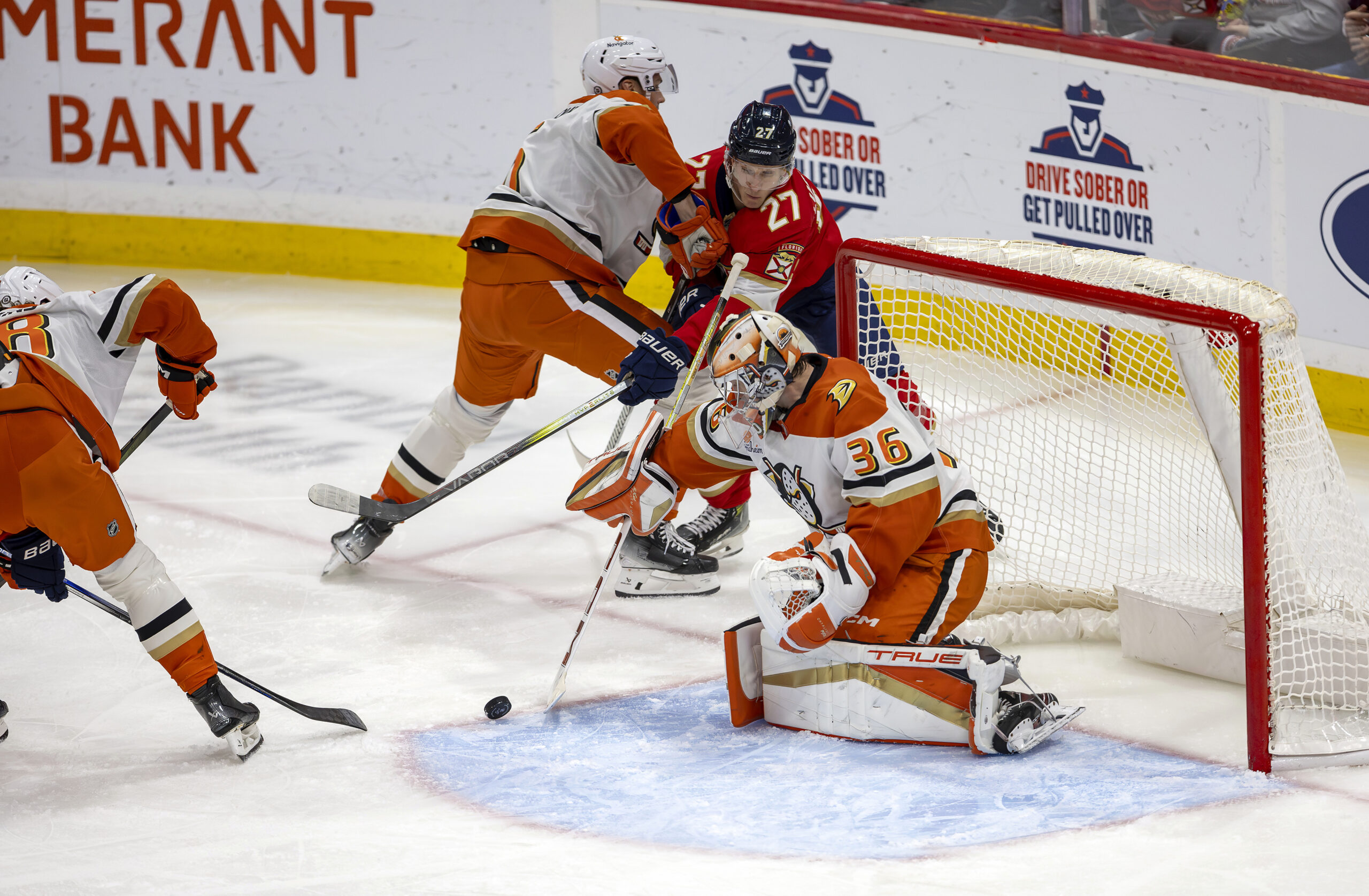 Ducks goaltender John Gibson (36) makes a save against Florida...