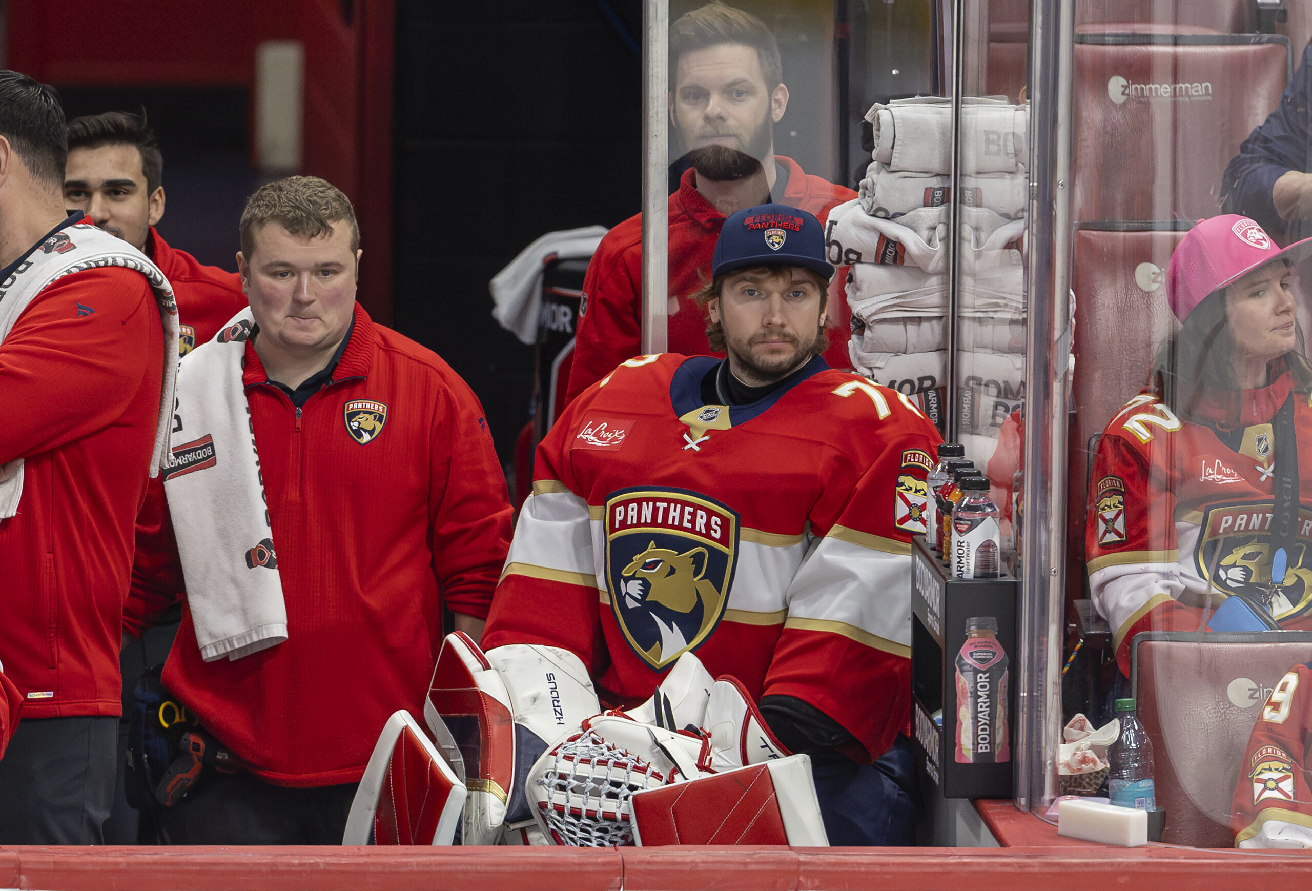 Florida Panthers goaltender Sergei Bobrovsky (72) looks on from the...