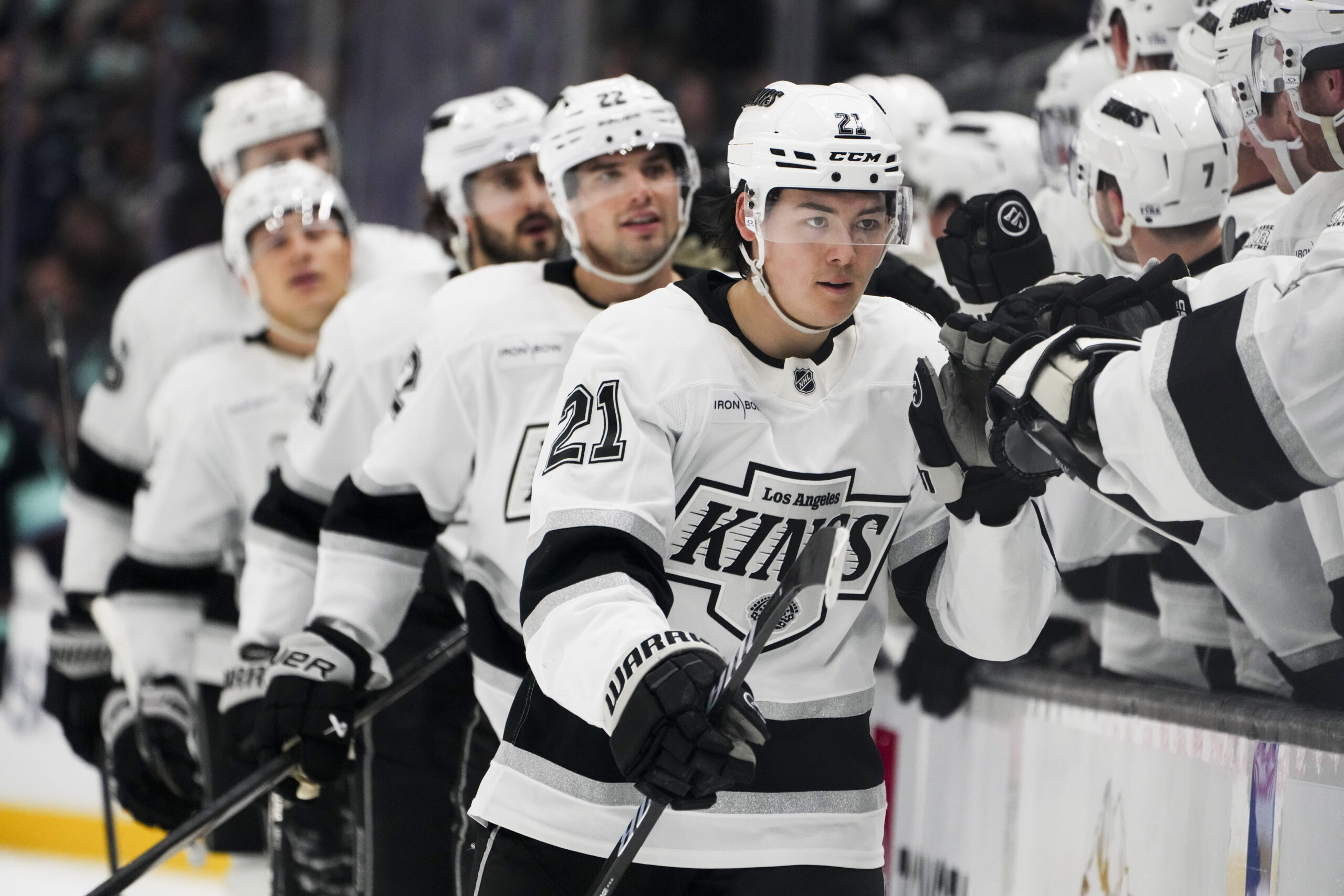 Kings defenseman Jordan Spence celebrates his goal against the Seattle...